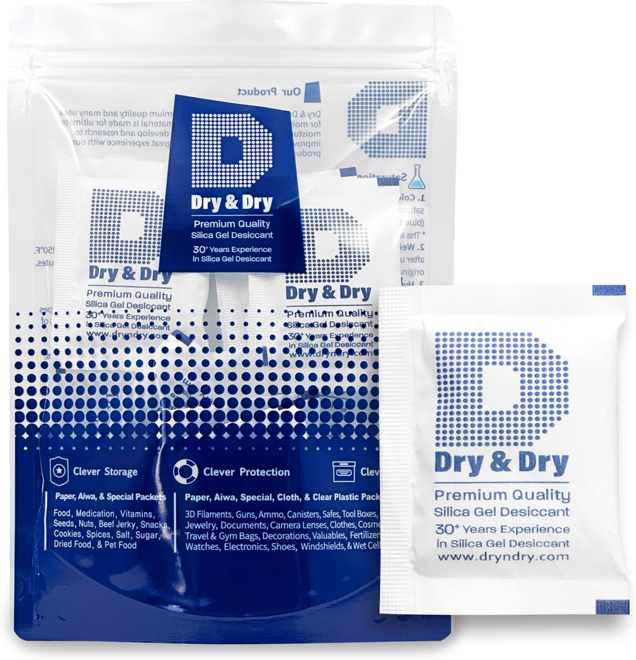Dry & Dry 10 Gram [30 Packets] Silica Gel Packets Silica Gel Desiccants, Silica Gel Packs - Rechargeable Moisture Absorbers for Food Storage, Electronics, 3D Filament & Safes