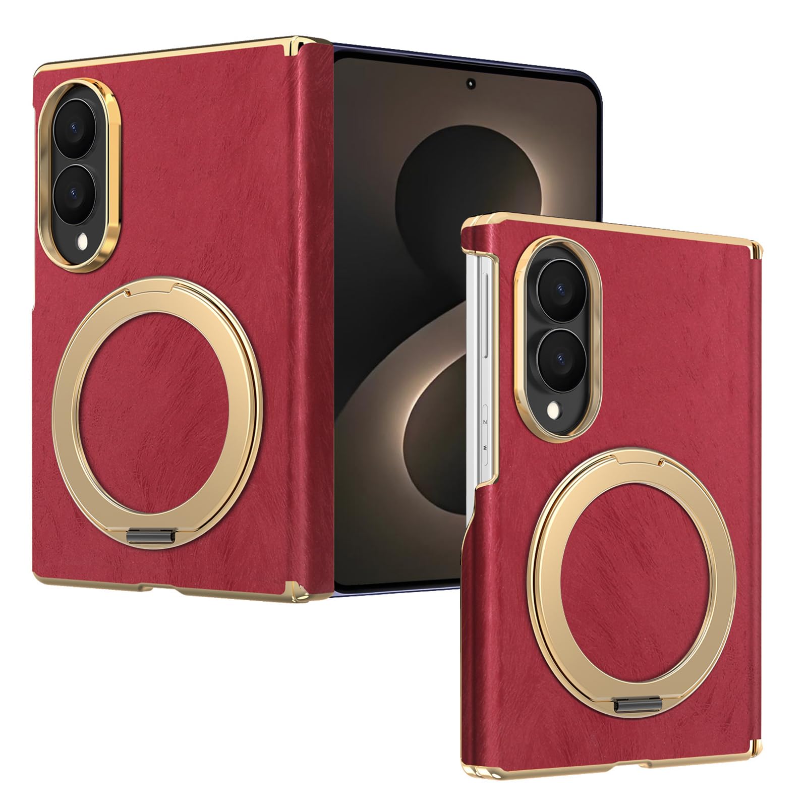Custodia magnetica for Samsung Galaxy Z Fold 8, con supporto ad anello in metallo Custodia in pelle di protezione con cerniera galvanizzata da lavoro di lusso(Red)