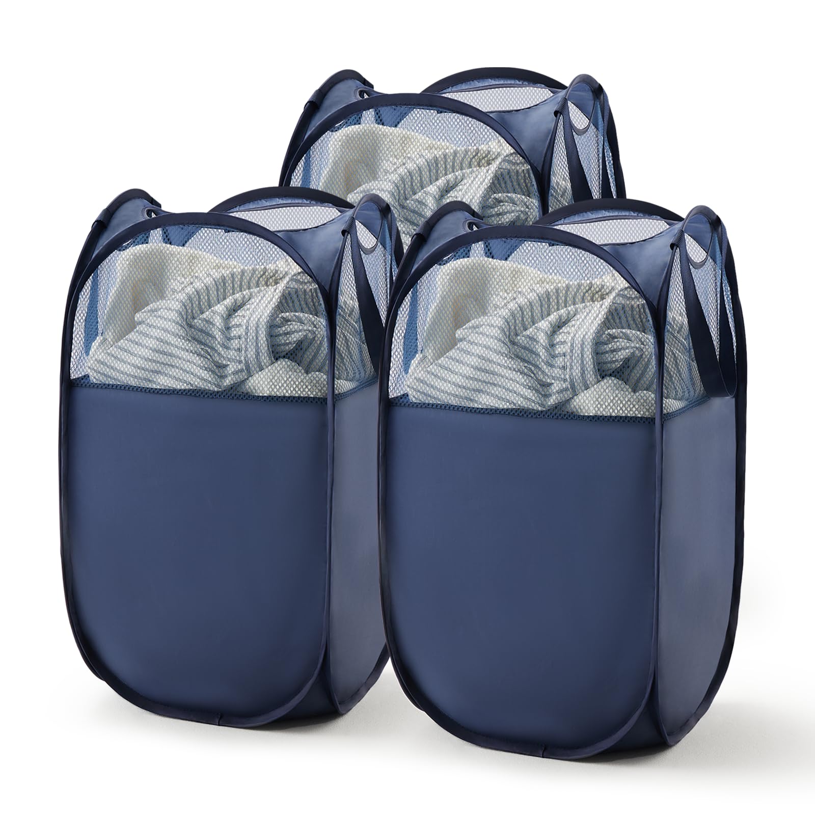 TECHMILLY Pop Up Foldable Laundry Basket, Mesh Laundry Hamper with Reinforced Handles for Dirty Clothes Storage in Dorm, Laundry Room, Bathroom, Blue(Fabric), 3 Pack