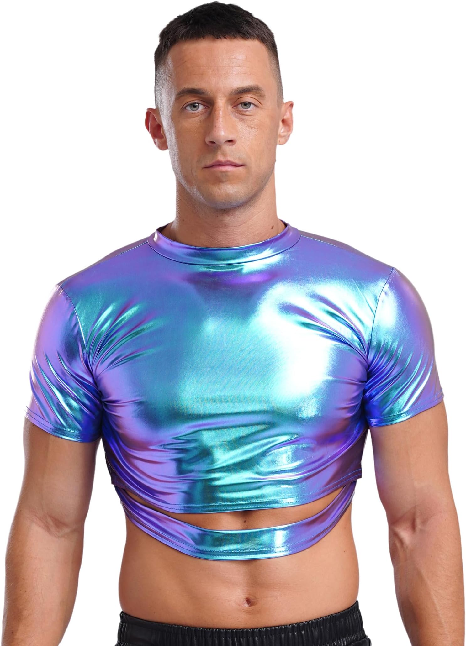 Jugaoge Men Metallic T-Shirts 70s Disco Top Holographic Short Sleeve Shiny Half Muscle Crop Tank Top