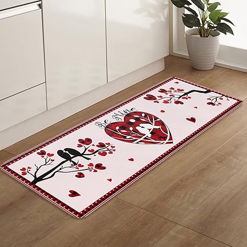 Miniatura 7 de Briskdecor Alfombras de cocina  San Valentín Be Mine Bird on Branch Love Heart Tree Red Plaid Pink Alfombras de cocina acolchadas cómodas para