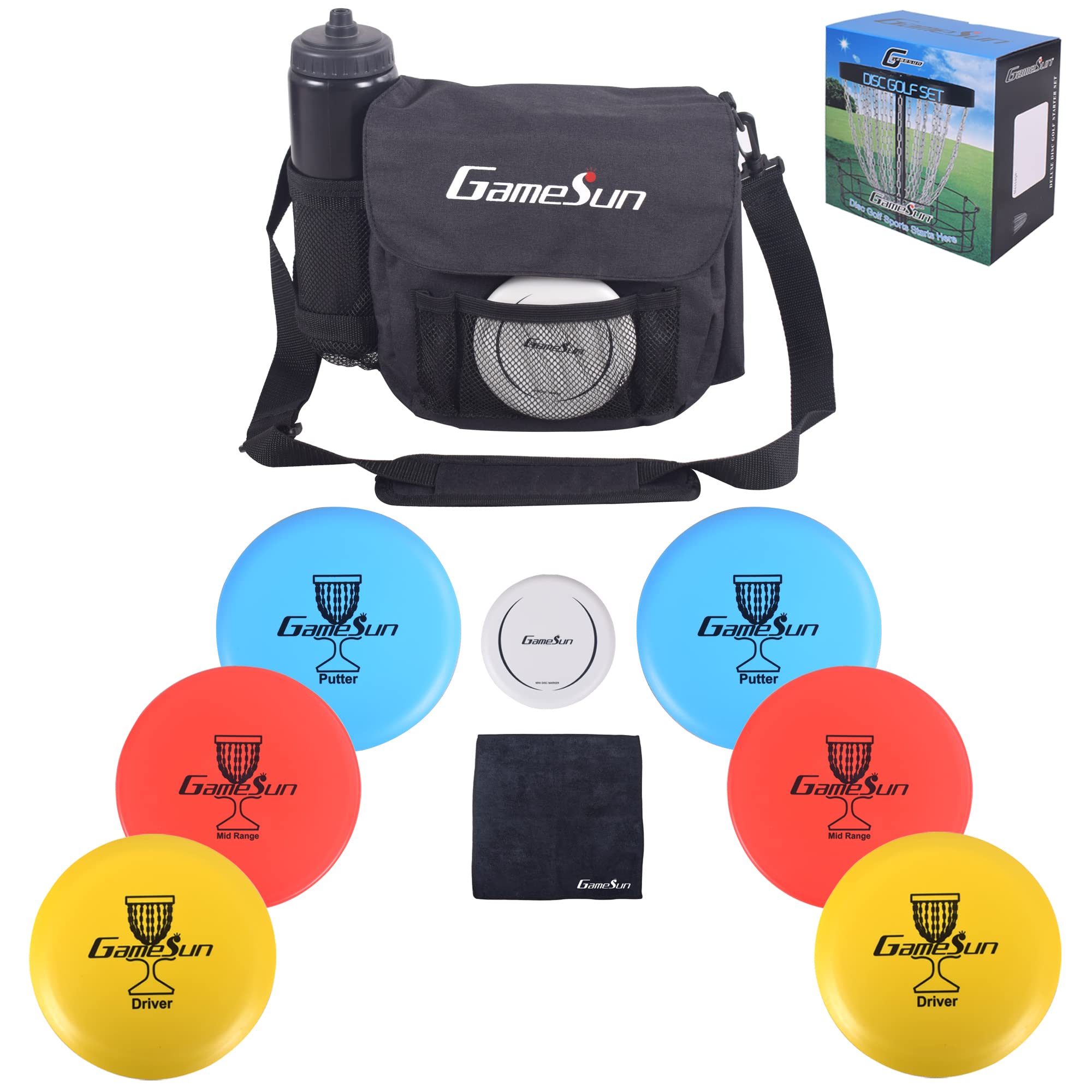 DISC Golf Set 1pc Heavy Duty Nylon Carry Bag, 2pcs Drivers, 2pcs Mid-Ranges, 2pcs Putters, 1pc Mini Disc Marker, 1pc 12”x12” Embroider Logo Black Towel and 1pc Gift Color Box