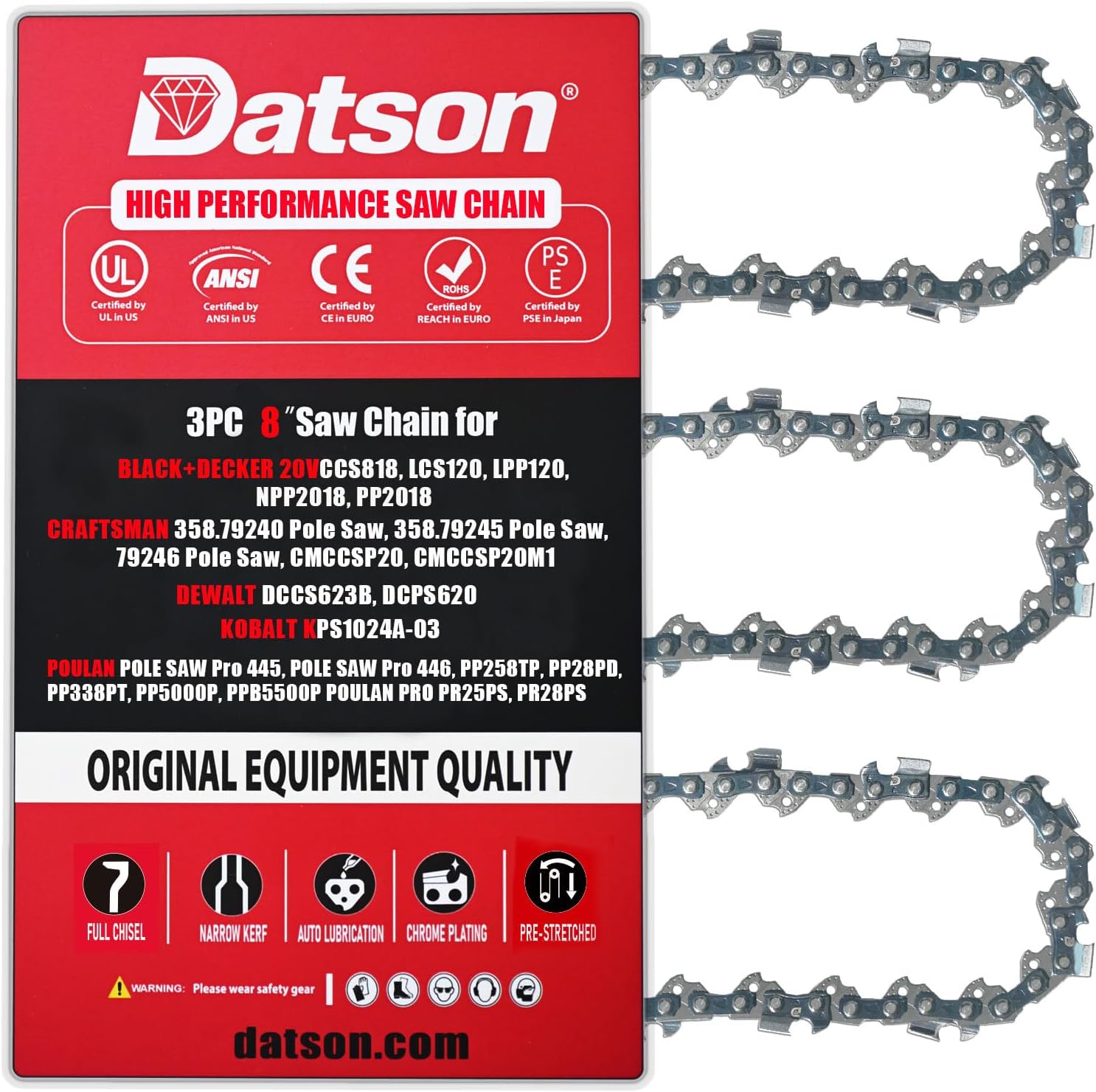 8 Inch Chainsaw Chain For BLACK+DECKER 20V CCS818, LCS120, LPP120, NPP2018, PP2018,CRAFTSMAN 358.79240 Pole Saw, DEWALT DCCS623B, DCPS620,KOBALT KPS1024A-03,POULAN PP258TP (3 Chains)
