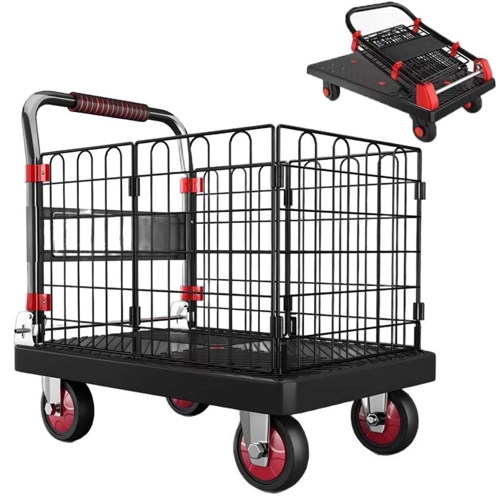 Carro de plataforma con jaula extraíble, 199.6 kg/299.4 kg Dolly resistente con ruedas giratorias, placa de presión gruesa, para fábricas, almacenes, logística