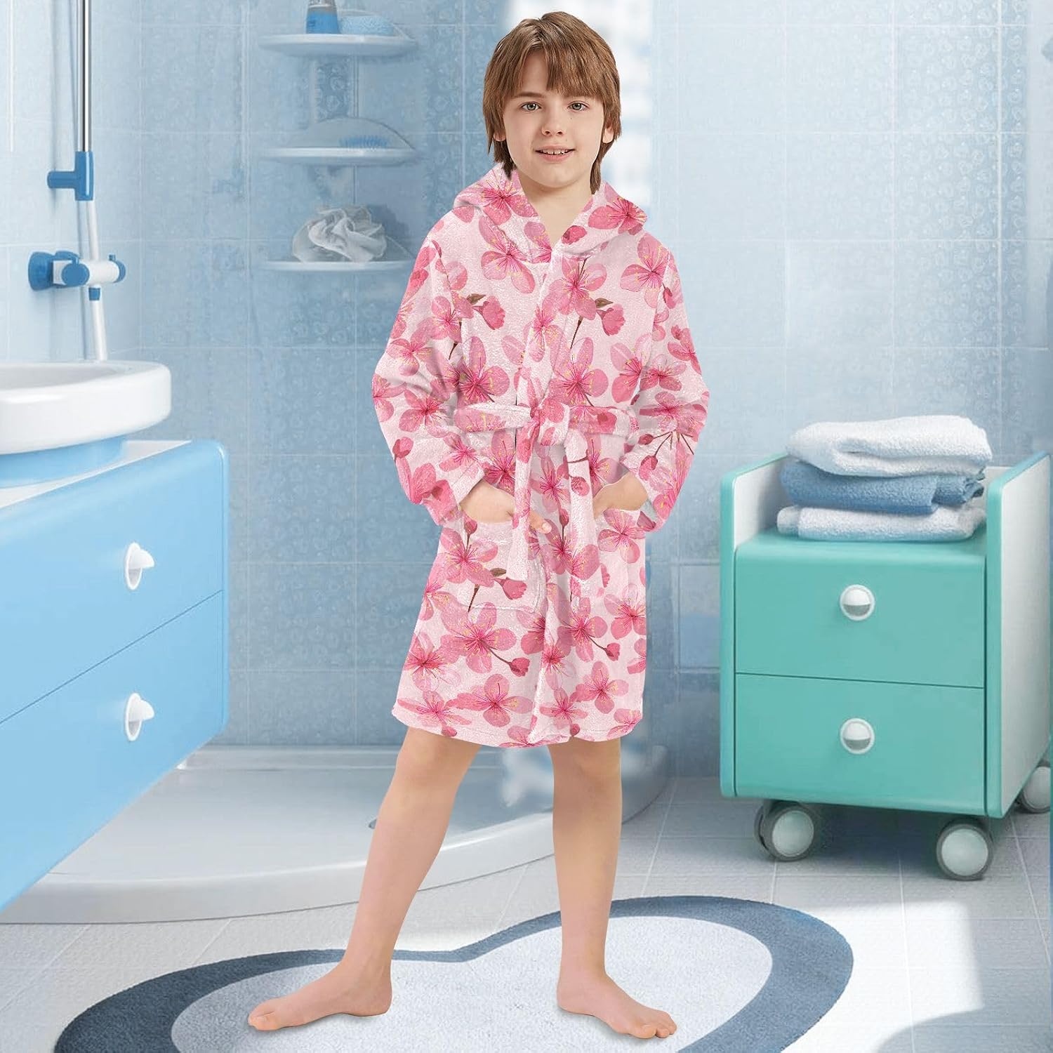 Pink Cherry Blossoms Toddler Hooded Bathrobe for Boys Girls Soft Plush Bath Towel Robe 2-12 Years