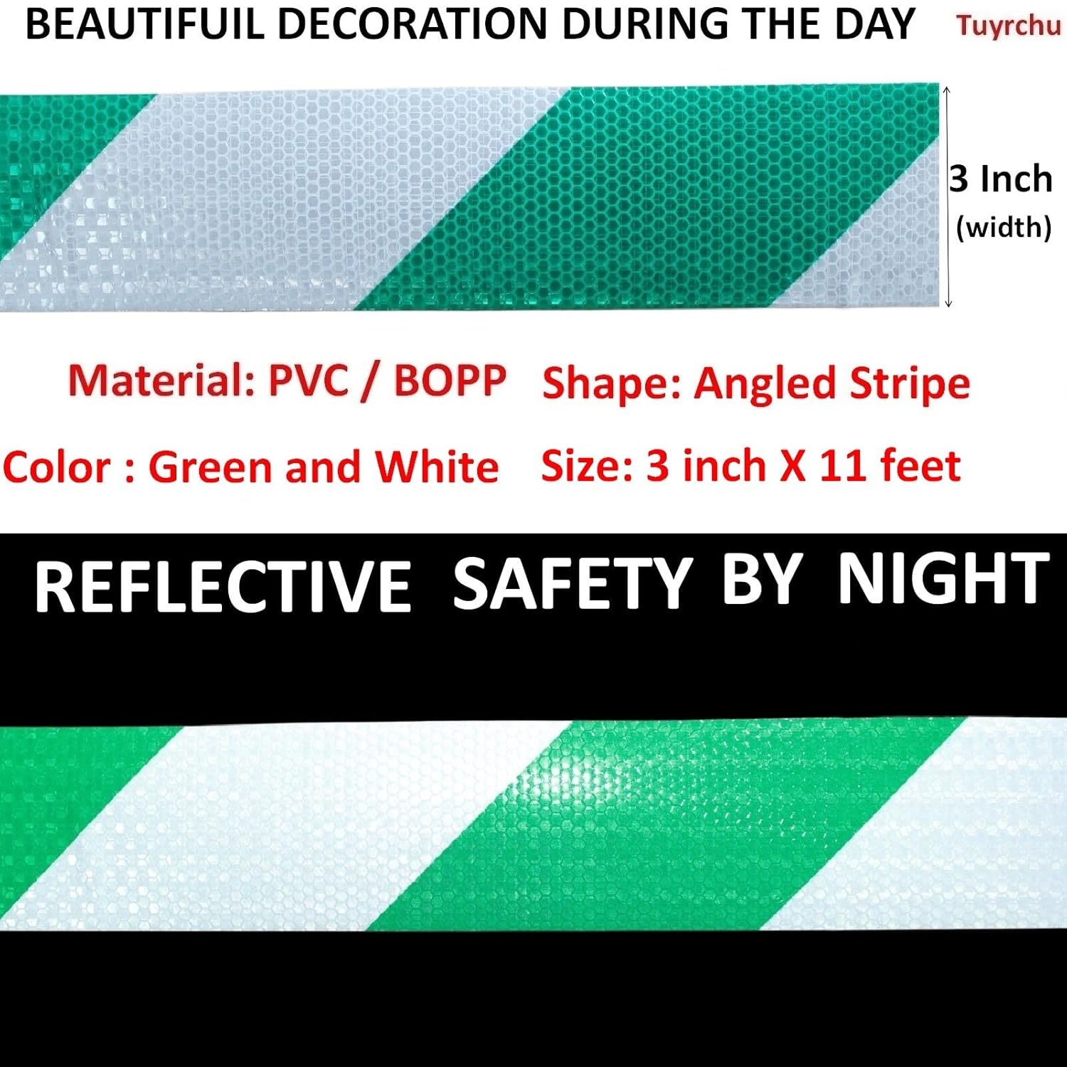 Green and White Reflective Tape Outdoor Waterproof 3 inch, High Visibility Hazard Conspicuity Safety Marking Tape (11 feet)