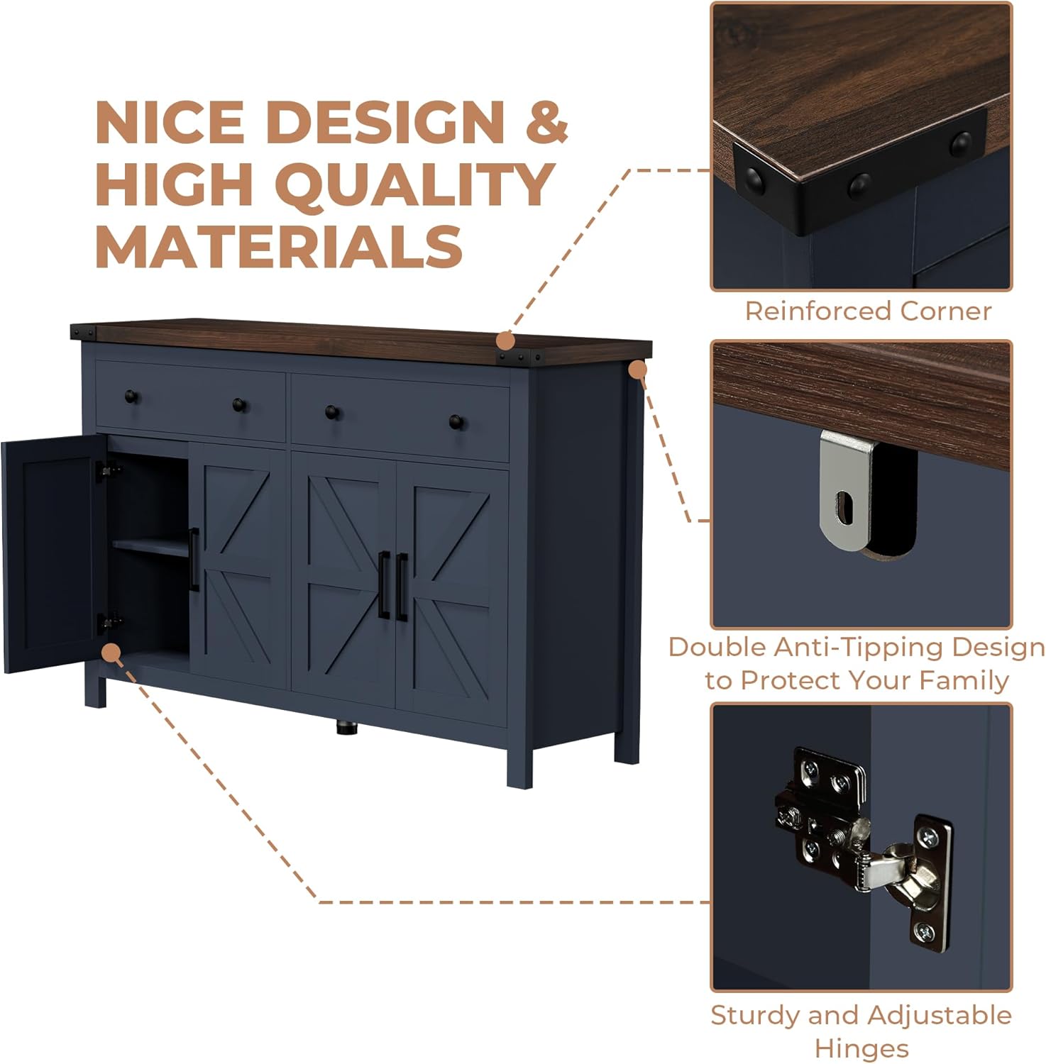 VVFLU 55'' Buffet Cabinet with Storage, Farmhouse Kitchen Storage Cabinet with 4 Doors and 2 Drawers, Coffee Bar Buffet Sideboard for Kitchen, Dining Room, Living Room, Blue Wood
