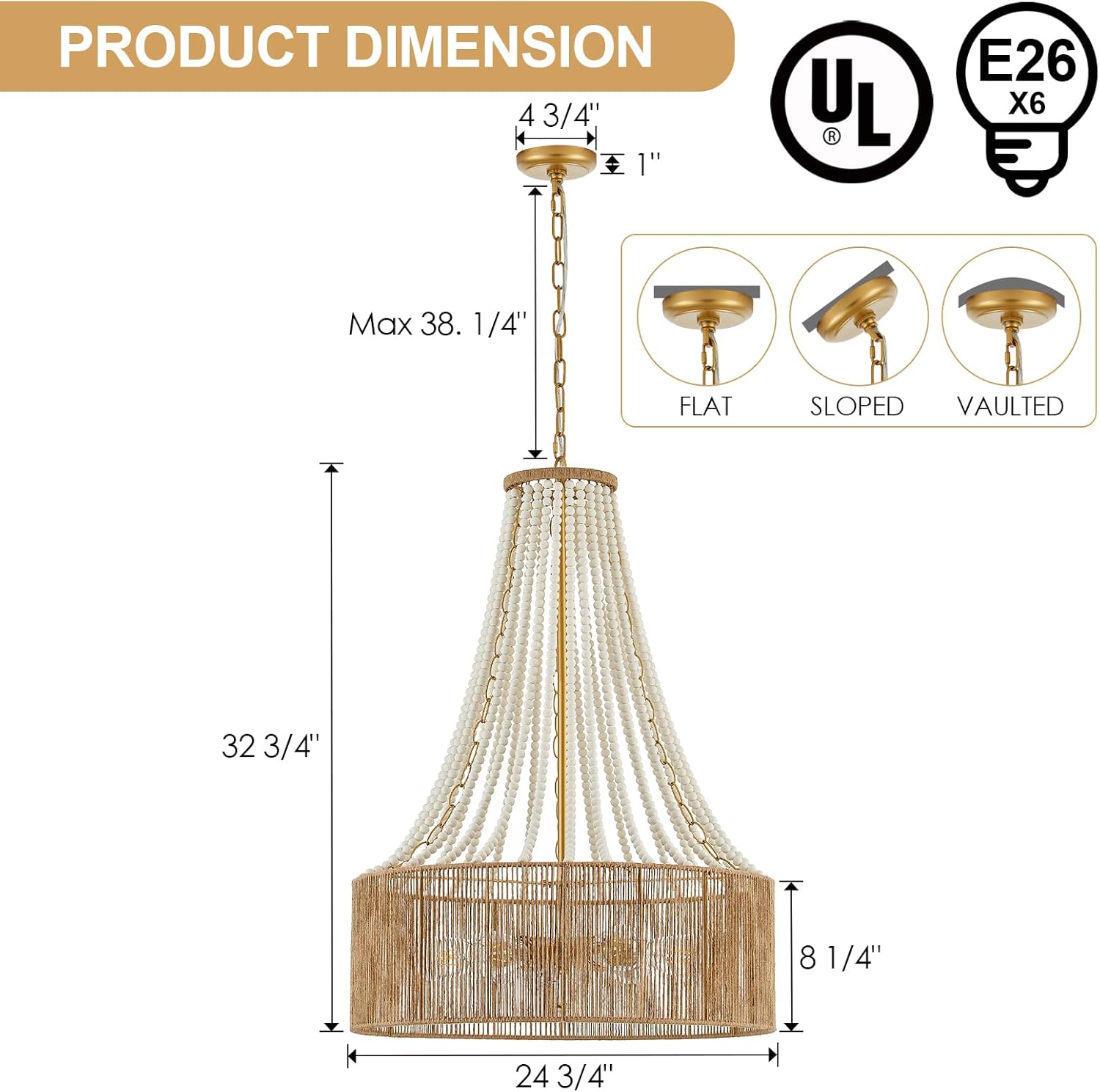 25” Wood Beaded Chandelier Boho Hand Woven Rattan Coastal Large Pendant Light for Dining Living Room Kitchen Island Bedroom, UL Listed