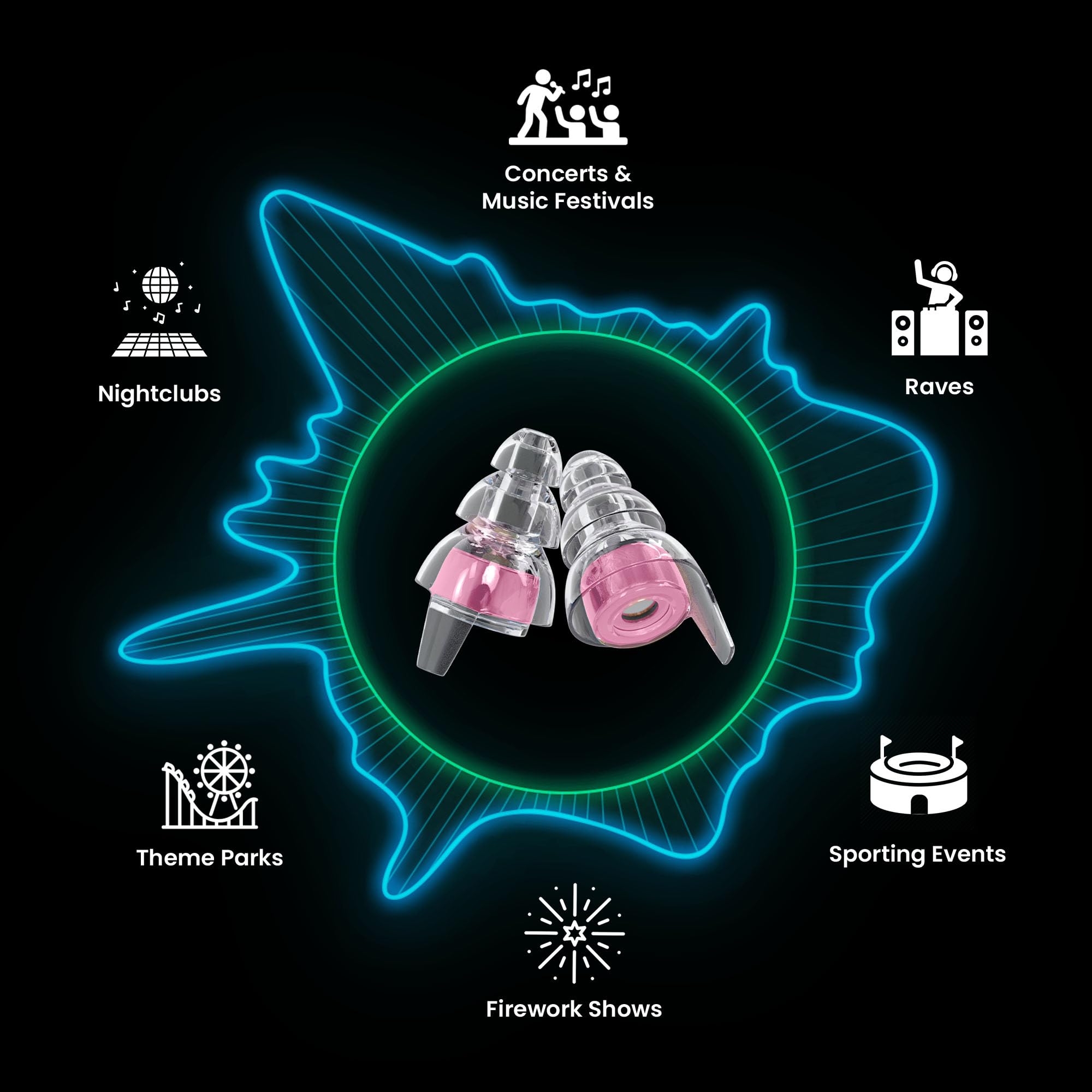 Tapones para los oídos Eargasm de alta fidelidad en color rosa para conciertos, festivales, músicos, DJ, vida nocturna y protección auditiva para motocicletas. Reducción de ruido de hasta 21 dB.