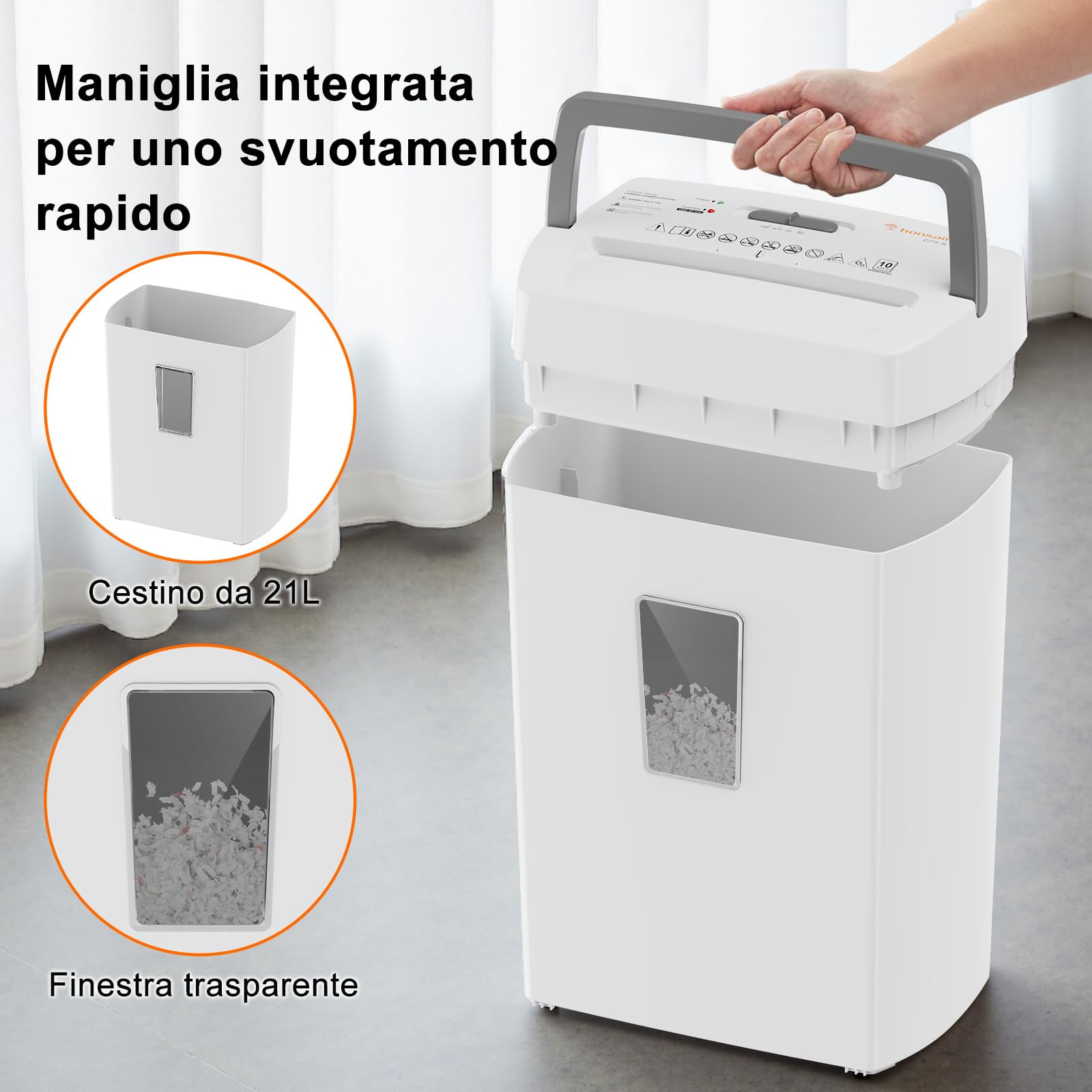 Bonsaii Distruggi Documenti 10 Fogli P4, Tritatutto Microtaglio con Contenitore 21L, Sistema Anti-Inceppo e Protezione Surriscaldamento per Ufficio/Casa, C275-B