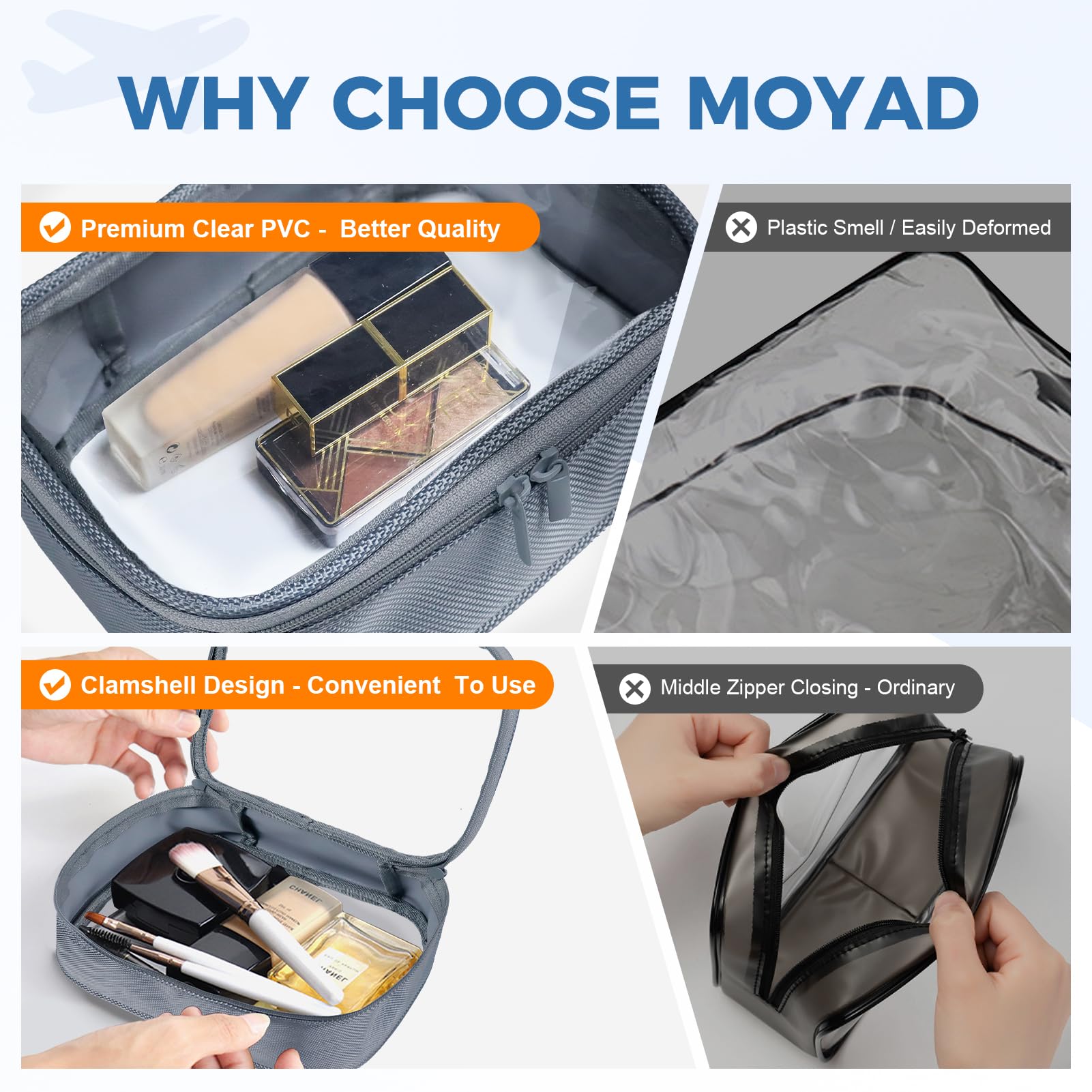 Moyad Set 3 Beauty Case da Viaggio TSA Trousse Trucchi Trasparente Grigio S | TSA approved, beauty case trasparente impermeabile, borsa toilette viaggio, organizer cosmetici, regalo per donna uomo