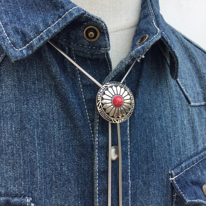 Metal Chrysanthemum Bolo Tie for Men Women, Round Petal Gemstone Inlay (Blue, Red/Coral), Western Style Metal Chain Necklace