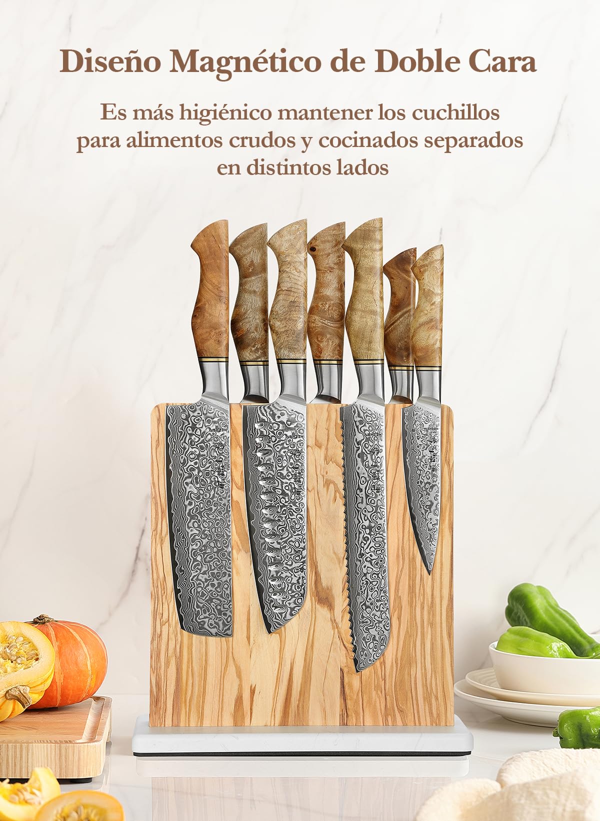 HEZHEN Soporte para Cuchillos Magnético Doble Cara, Bloque de Cuchillos de Madera de Olivo, Portacuchillos Organizador con Base Antideslizante de Mármol