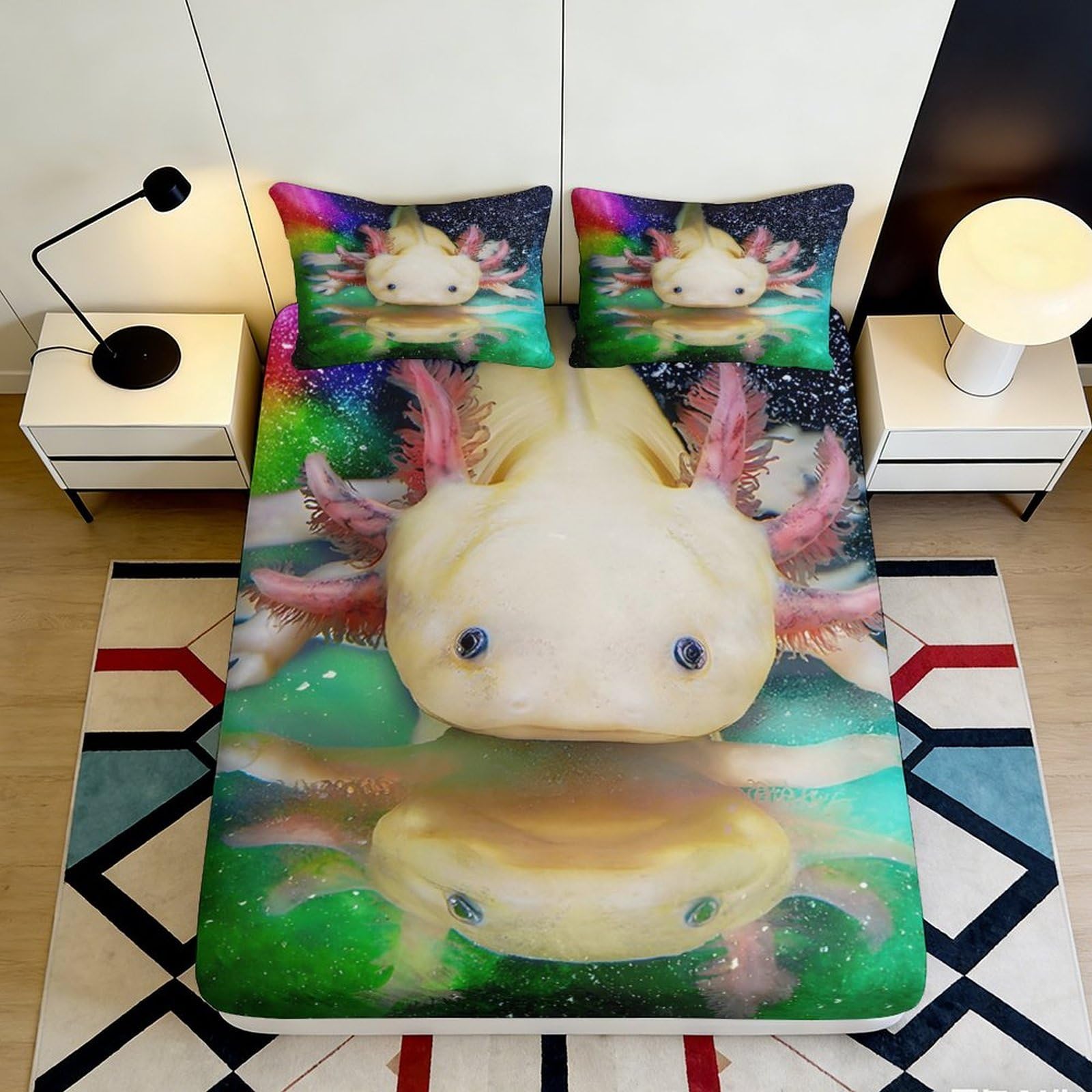 3D Printed Cute Axolotl Fitted Sheet Microfiber Soft Breathable Cartoon Underwater Mattress Cover for Bedroom Guest Room Dorm Decor 90x200x25cm