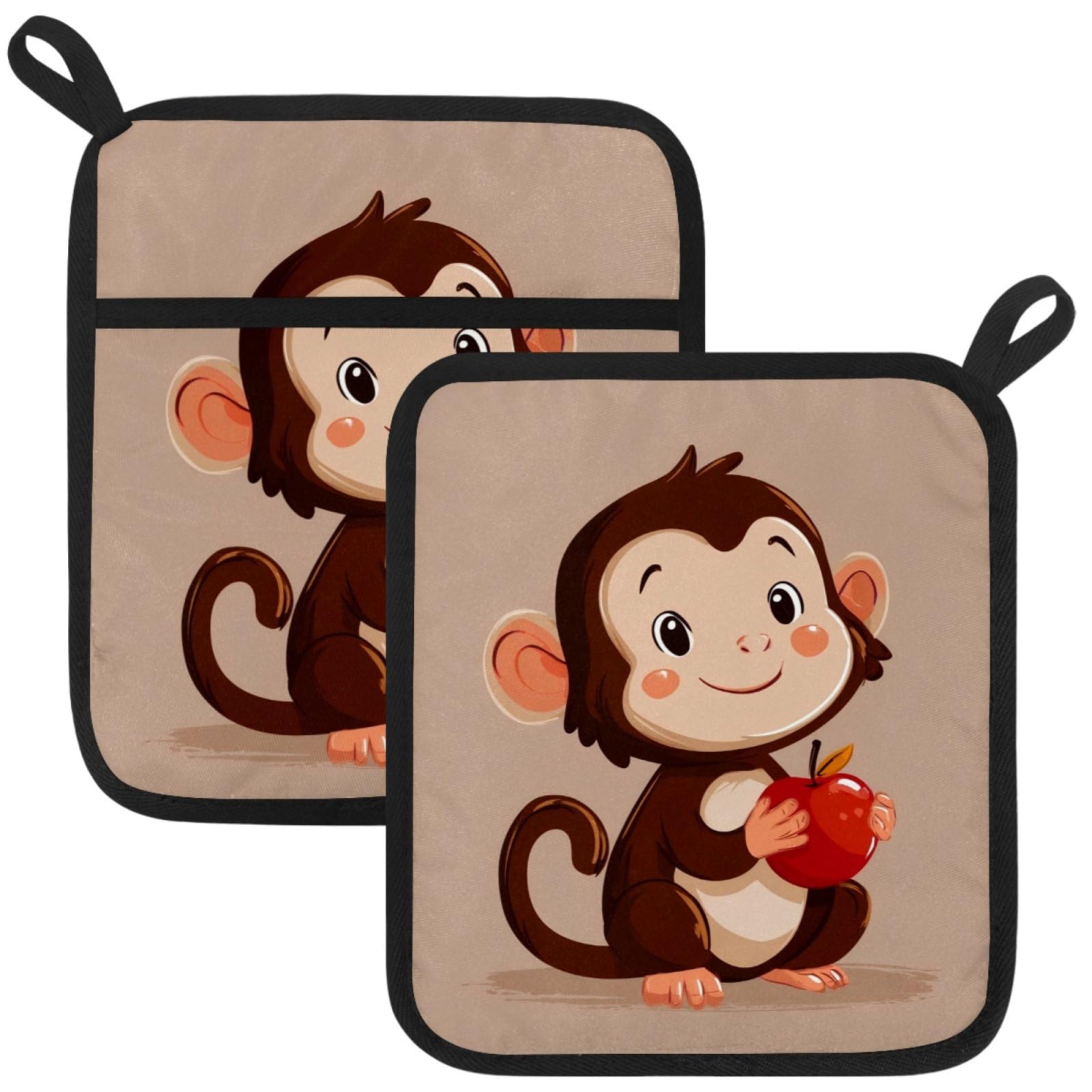 VAPOKF Cute Monkey Pot Holders with Pocket for Kitchen Heat Resistant Potholders Large Polyester-Cotton Square Oven Mitts Set