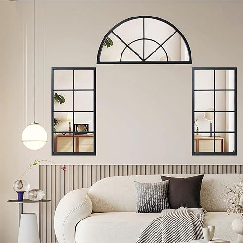 Miniatura 6 de Espejo de metal con acabado de ventana arqueada negra, 47.24 x 31.5 pulgadas, juego de 3 piezas, espejo de pared componible desmontable empalmado,