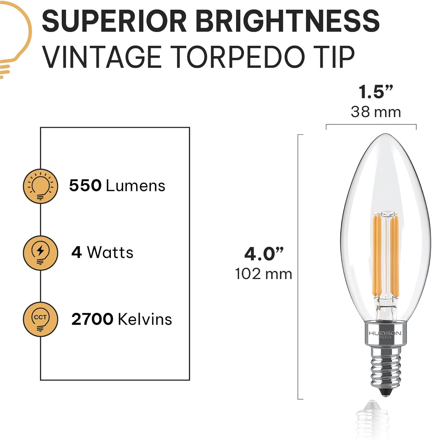 Dimmable E12 LED Candelabra Bulb Set - 4W, 40W Equivalent - 2700KWarm Light Vintage Style Candle Lightbulb for Chandelier, Ceiling Fan, Sconce, Desk Lamp or Porch Lights Torpedo Top (Pack of 12)
