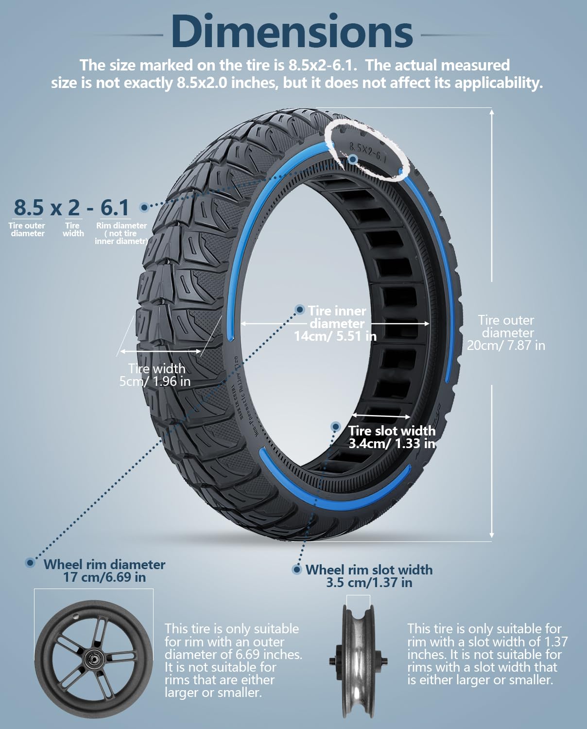 Felixstory 8.5x2.0 Inch Scooter Tire, Solid, Off road, Explosion-proof,50/75-6.1 Replacement Tire,Fit for Hiboy s2/ Aovopro es80 pro, Blue 1pc