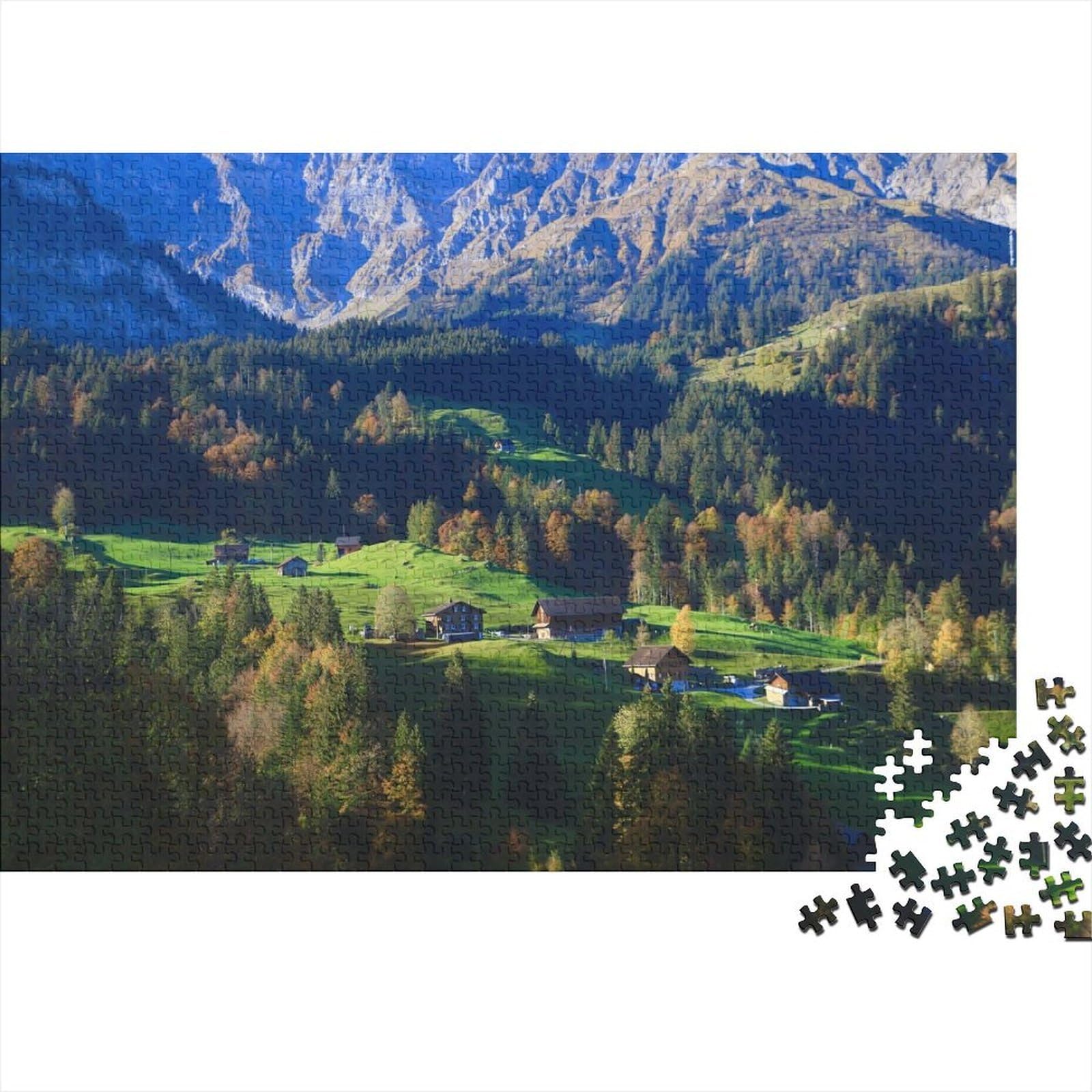 Swiss Mountain Valley Jigsaw Puzzle 1000 Pieces Recyclable Alpine Nature Senior Puzzles Educational Game Decompression Ideal for Family And Friends Birthdays 70x50cm/1000pcs