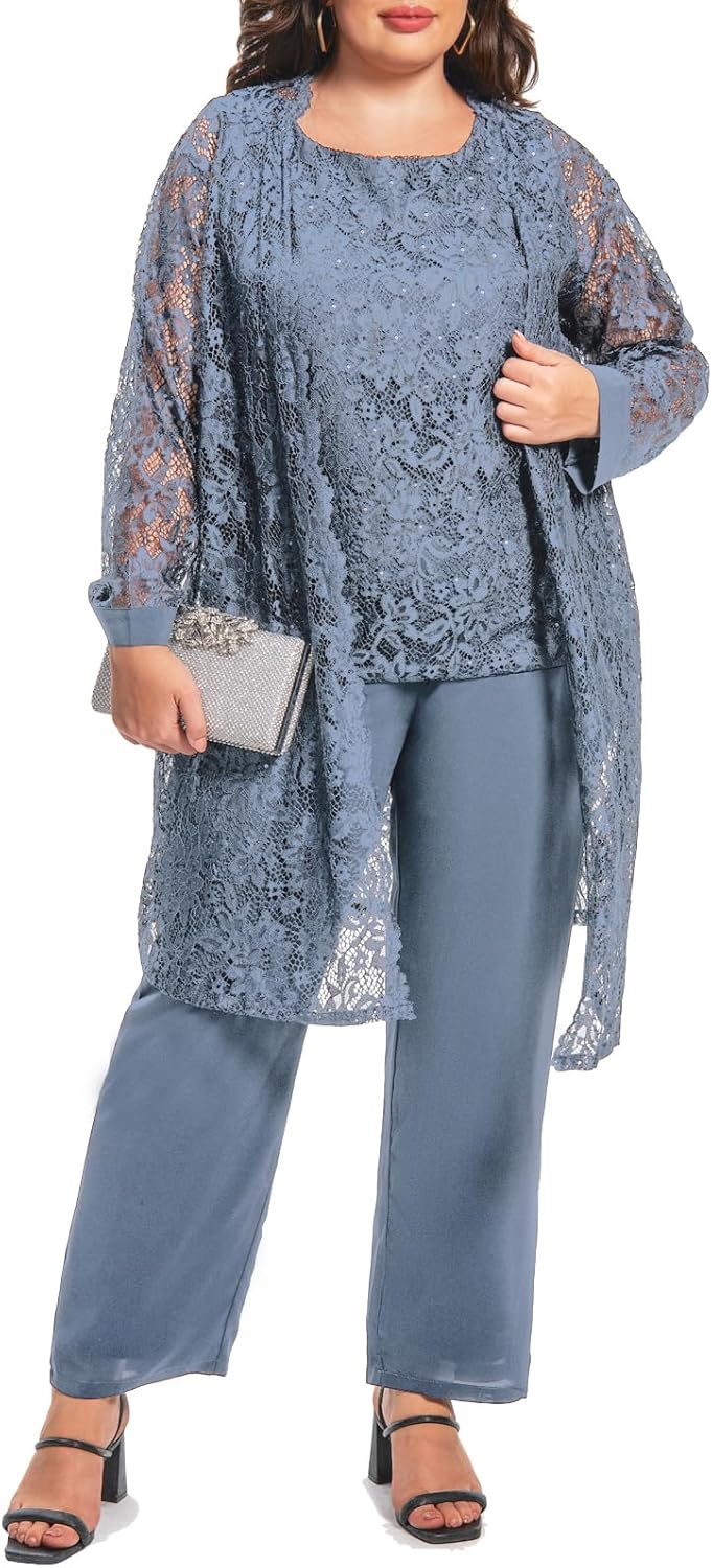 Plus Size Elegant Mother of The Bride Pant Suits Chiffon Pant with Women's Tank Top and Sequin Lace Jacket Evening Gown