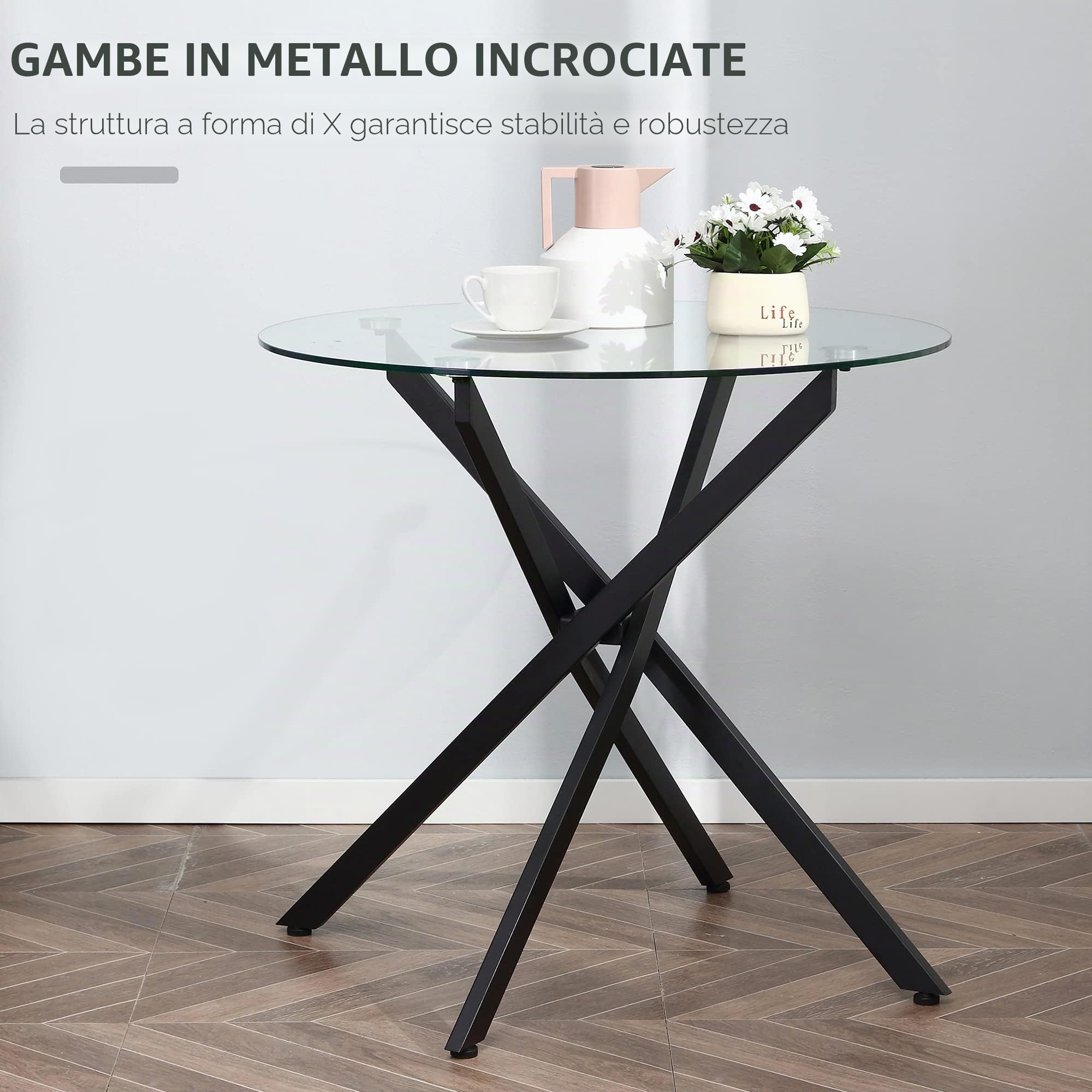HOMCOM Tavolo Rotondo in Vetro e Gambe Incrociate in Metallo, Tavolino Moderno per Soggiorno e Studio, 80x80x75cm, Nero