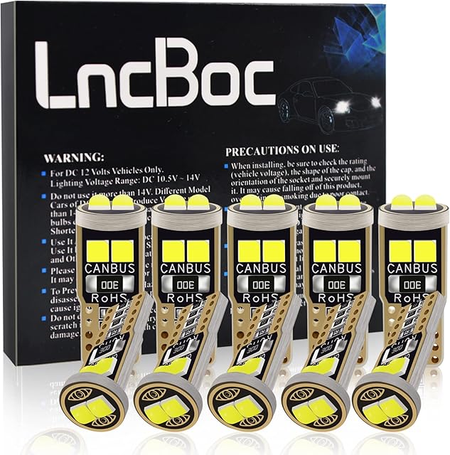 LncBoc T10 Canbus LED Bulbs 501 W5W 194 168 6SMD 3030 LED White Light Wedge Replacement Bulbs Cars Sidelight Dome Number Boot Plate Light DC 12V Pack of 10