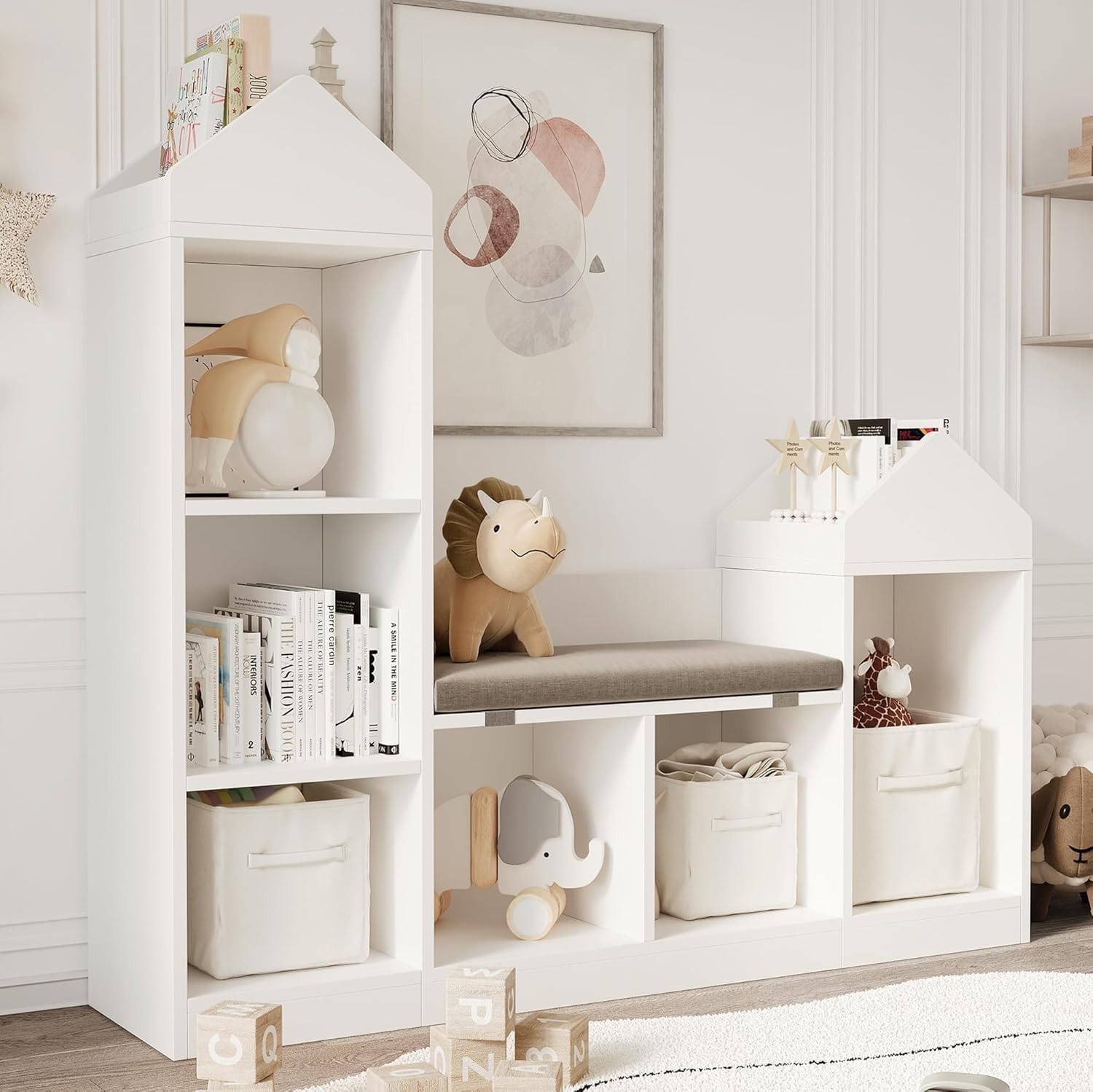 Bibliothèque Enfant avec Coussin, 6 Cubes Meuble de Rangement Jouet, avec Anti-basculement, Forme de Toit Unique, pour Jardins d'enfants, Aux Crèches et à la Maison, Blanc