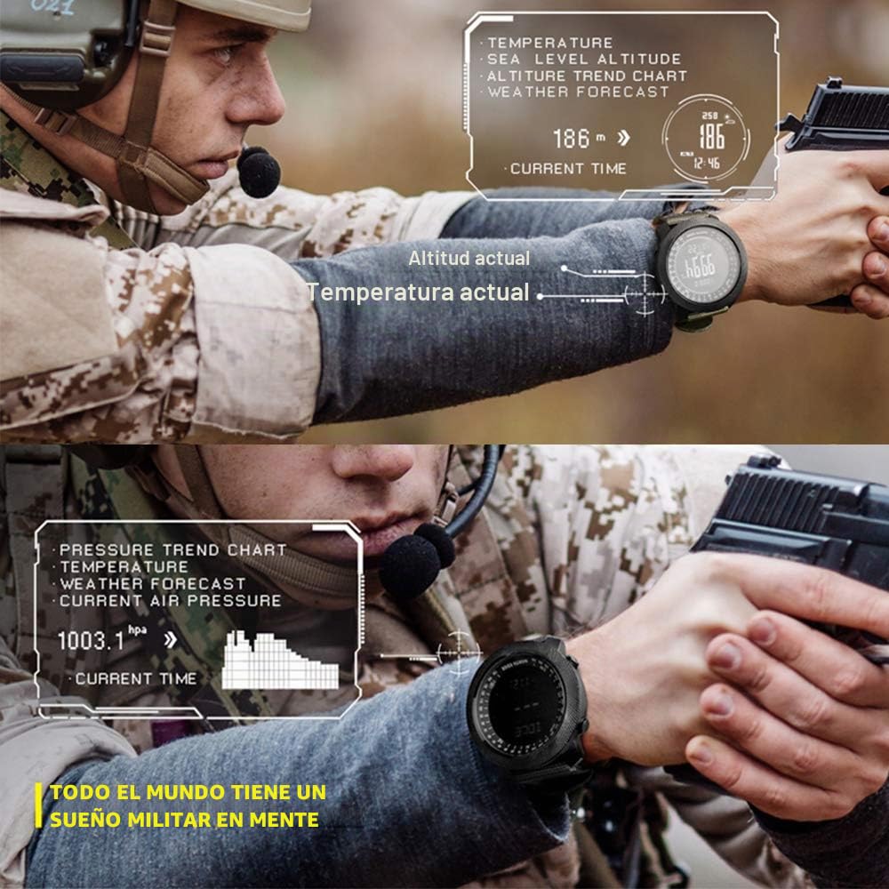 Reloj inteligente deportivo al aire libre, reloj táctico de silicona con altímetro, barómetro, brújula y termómetro, reloj militar impermeable hasta 50 m, rastreador de fitness multifuncional