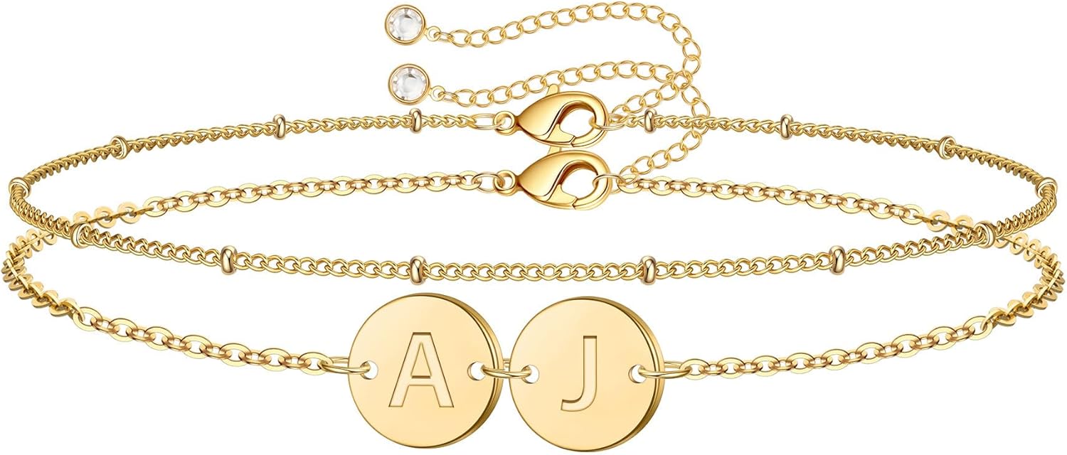 Turandoss Two Initial Bracelet for Women Trendy, Dainty 14K Gold Plated 2 Initial A-Z Disc Stacked Layered Bracelet Set Personalized Friendship Gifts Jewelry for Women Girls