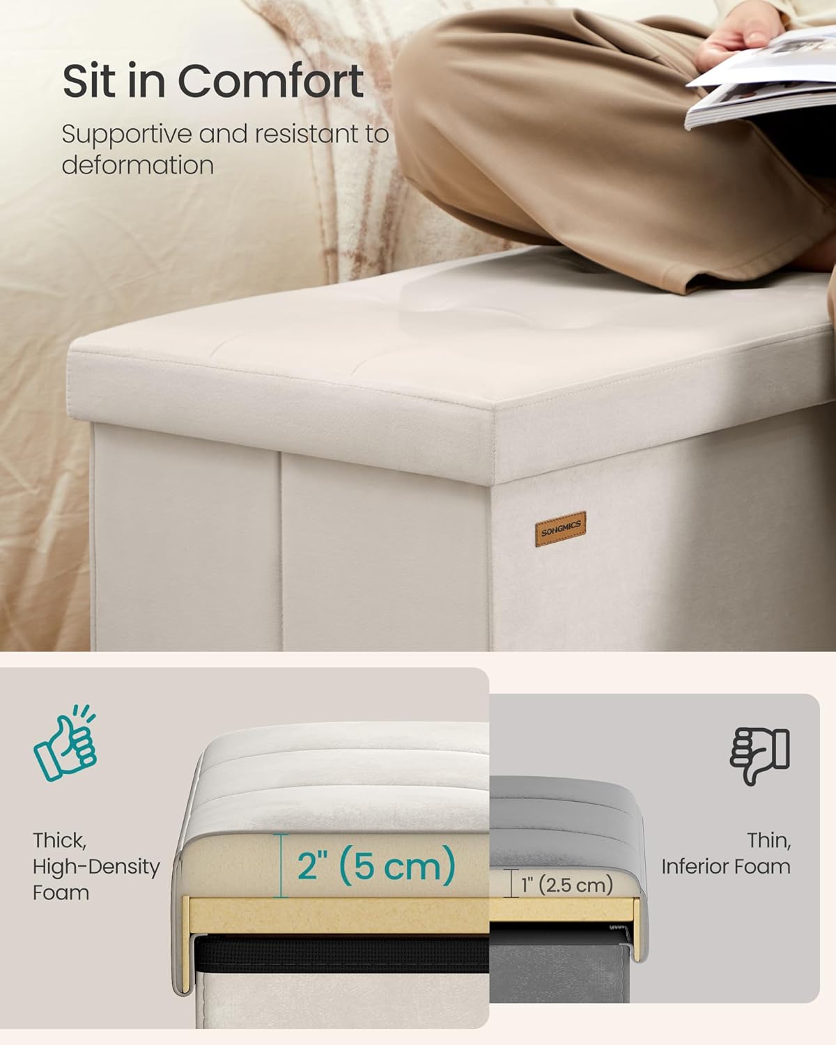 SONGMICS Mazie Collection - 43 Inches Storage Ottoman, Foldable Storage Bench with Flipping Lid, 660 lb Load Capacity, for Entryway, Living Room, Bedroom, Velvet Fabric, Cream White ULSF078LH01 - Image 4