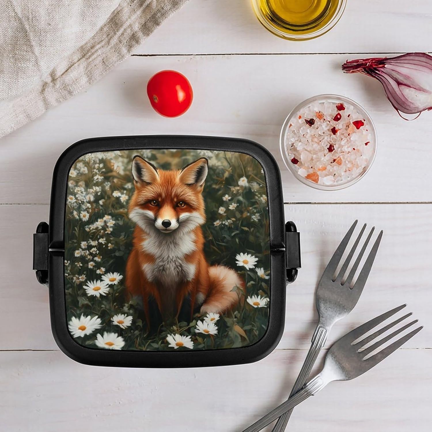 Wildlife Fox Bento Box with Spoon 2 Layer Food Container Cute Lunch Box for Travel Dining Work