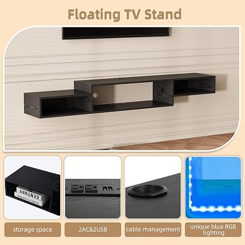 Miniatura 3 de 4 EVER WINNER Soporte flotante para TV con toma de corriente de luz LED, centro de entretenimiento flotante de 59 pulgadas con almacenamiento,