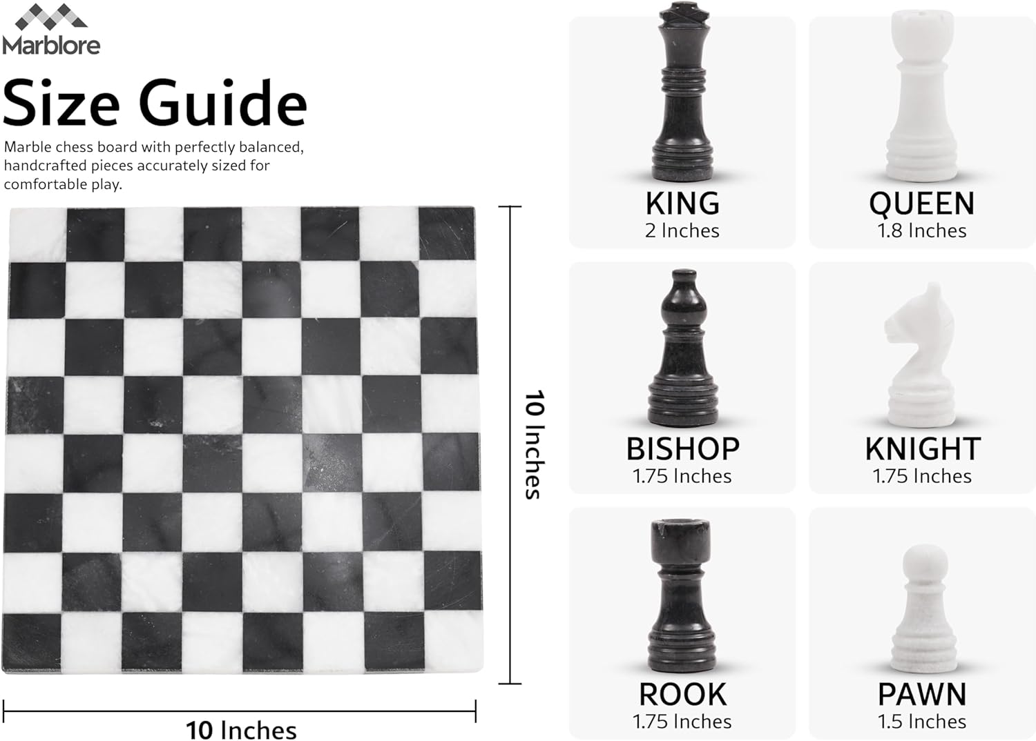 Marble Chess Set 10" Black & White Chess Games with 32 Chess Pieces & 2 Extra Queens for Beginner Board Games, Valentine’s Day Game Nights