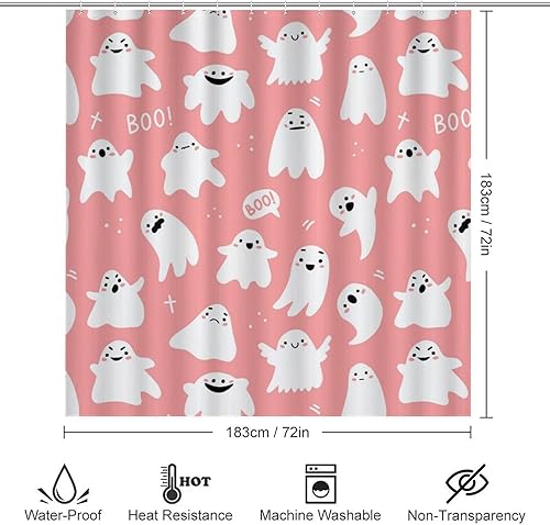 Miniatura 2 de Juego de cortinas de ducha de fantasmas rosas con alfombras antideslizantes, cubierta de tapa de inodoro y tapete de baño, juego de decoración