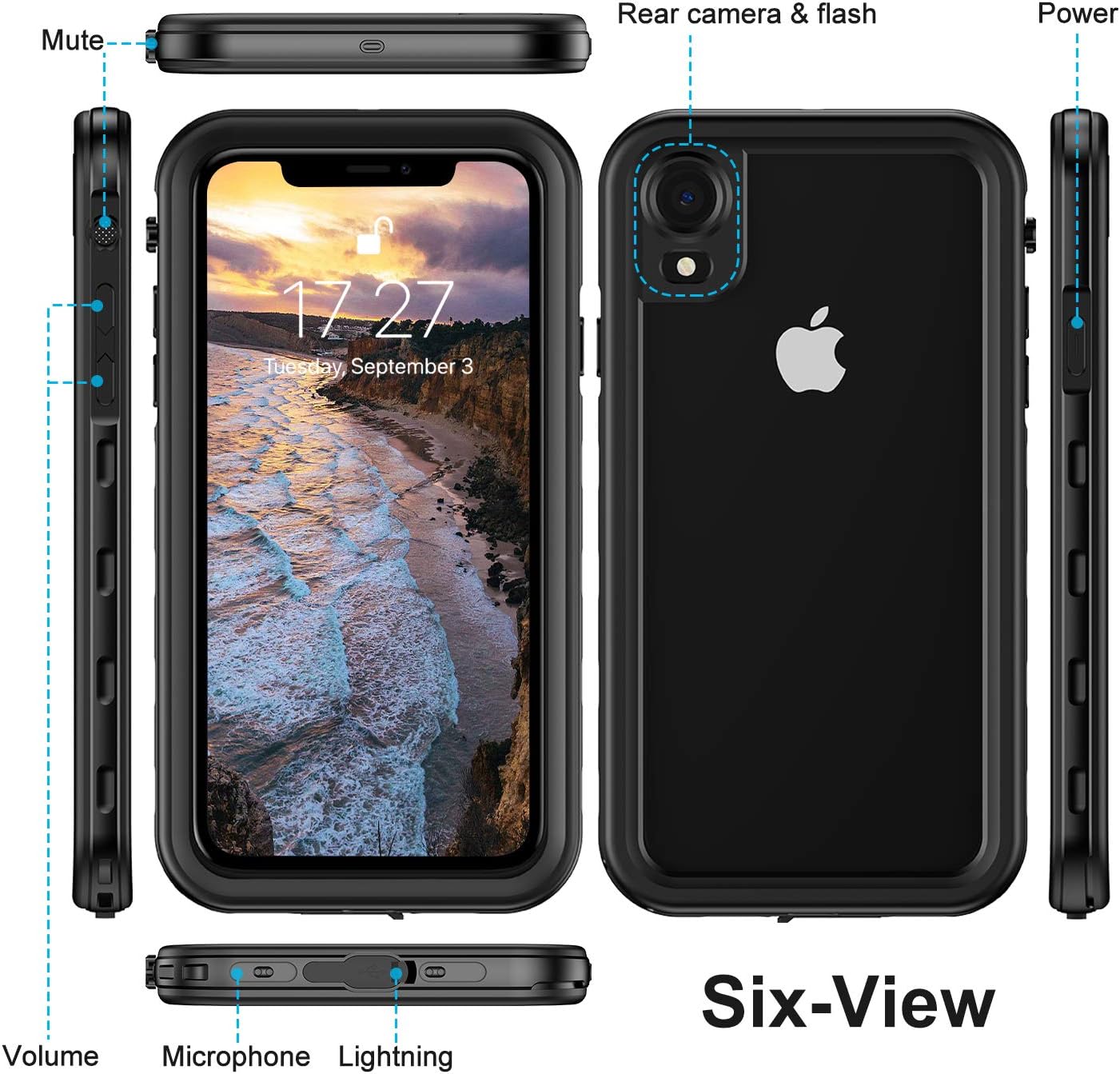 Janazan iPhone XR Waterproof Case, 360 Full Body Clear Protective Case with Built-in Screen Protector, Waterproof Shockproof Snowproof Dustproof for iPhone Xr (Black/Clear)