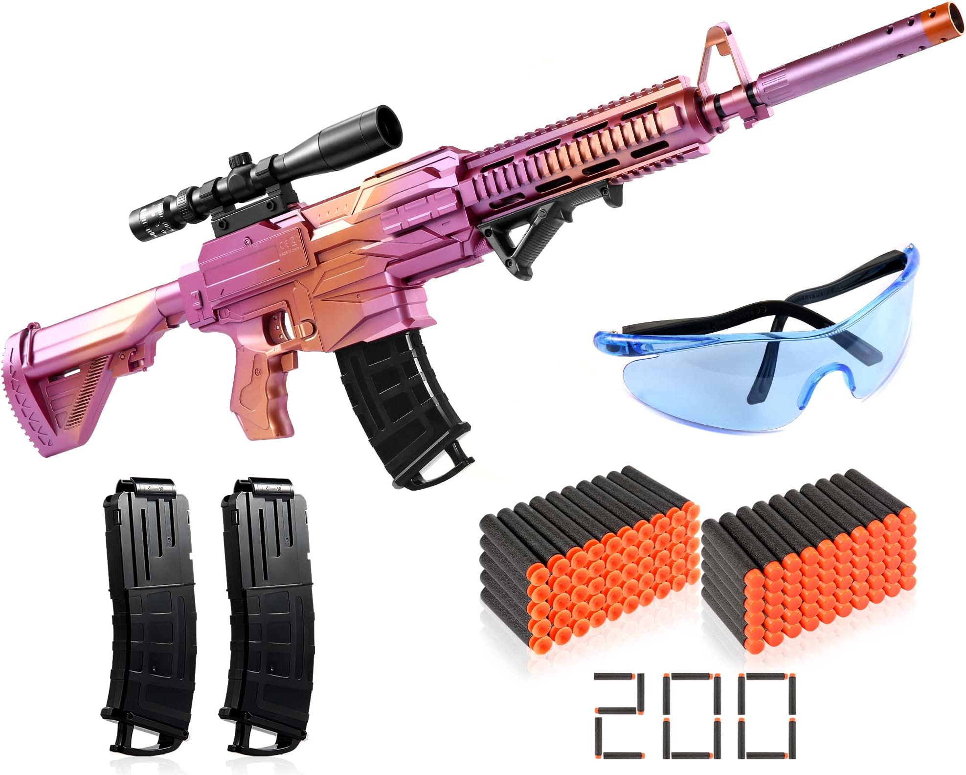 Automatic Toy Gun for Soft Foam Darts, Toy Gun for Boys 8-12 Years Old, Electric Toy Foam Blasters & Guns with 200 Foam Bullets, 2 Clips, 1 Goggle, Great Birthday Xmas Gifts for Kids Age 8+, Pink