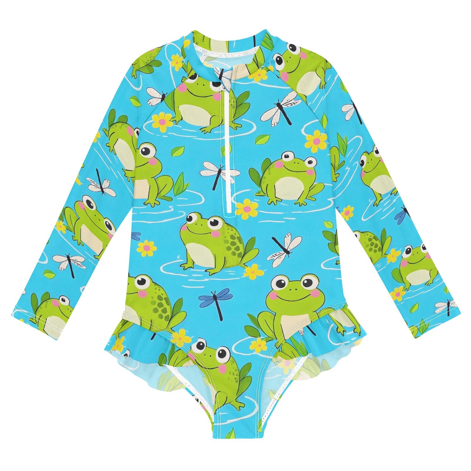 ALAZA Swimsuit for Girls Long Sleeve Rashguard Bathing Suit Frog Dragonfly Quick Dry 4T