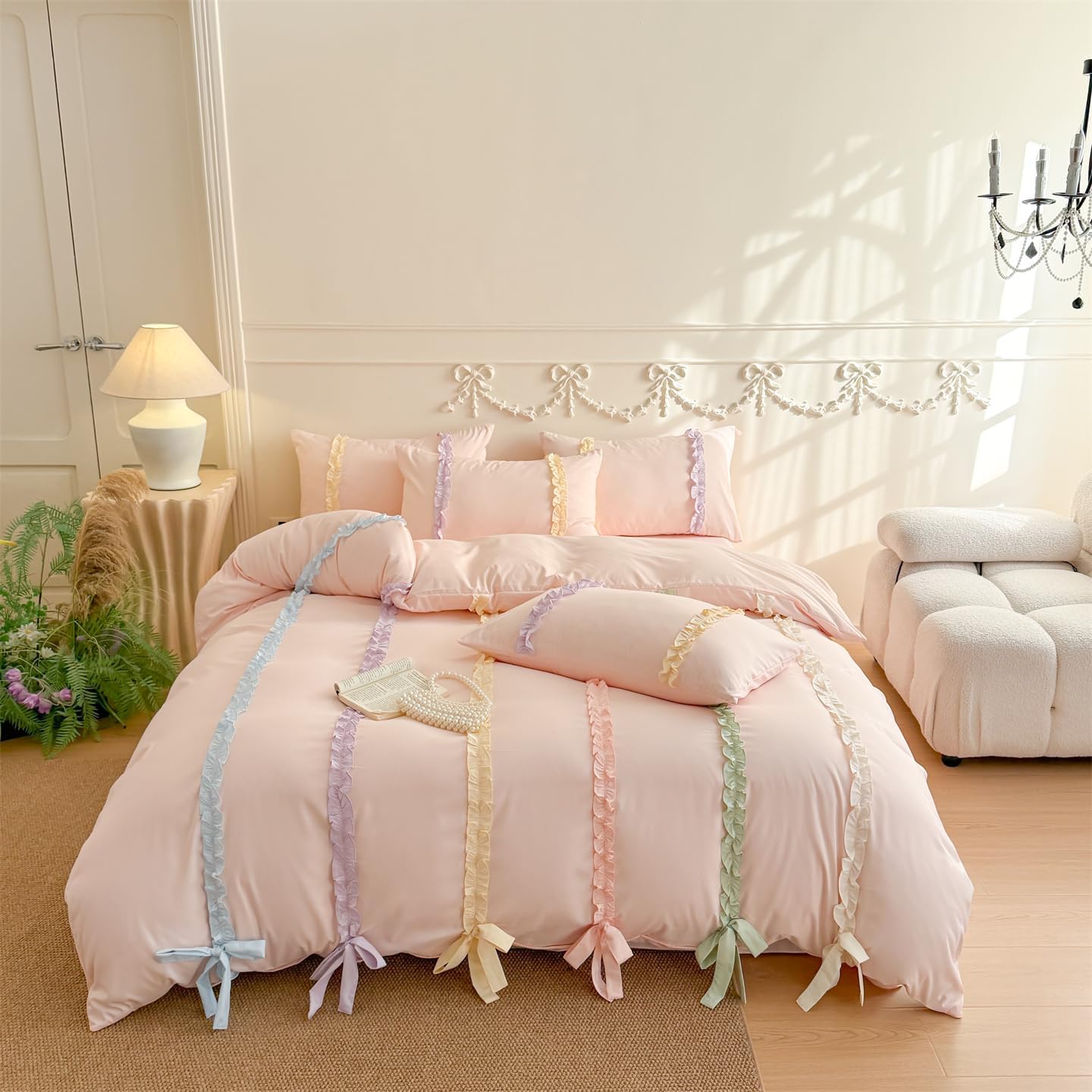 Colorful Striped Ruffled Bedding with Cute Bow,Chic Ruffle Romantic Queen Duvet, Coquette Aesthetic Style 3 piece Duvet Cover Set-1Queen Duvet Cover with 2 Pillowcases, No Comforter