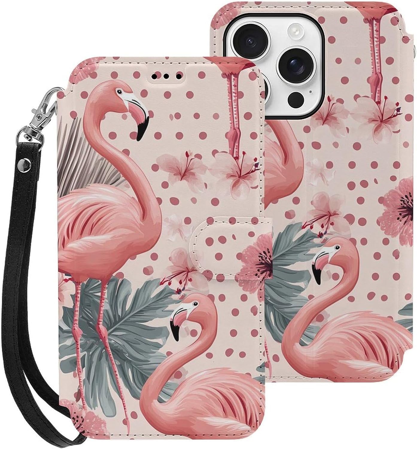 Flamingos Tropical Flowers Polka Dots Compatible with iPhone 16/16 Plus/16 Pro/16 Pro Max/16 E Case Phone Wallet Card Holder Flip Cover with Wrist Strap