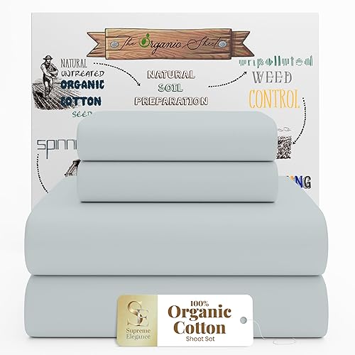4 Pcs 100% Organic Cotton Queen Sheet Set, Soft Gray,