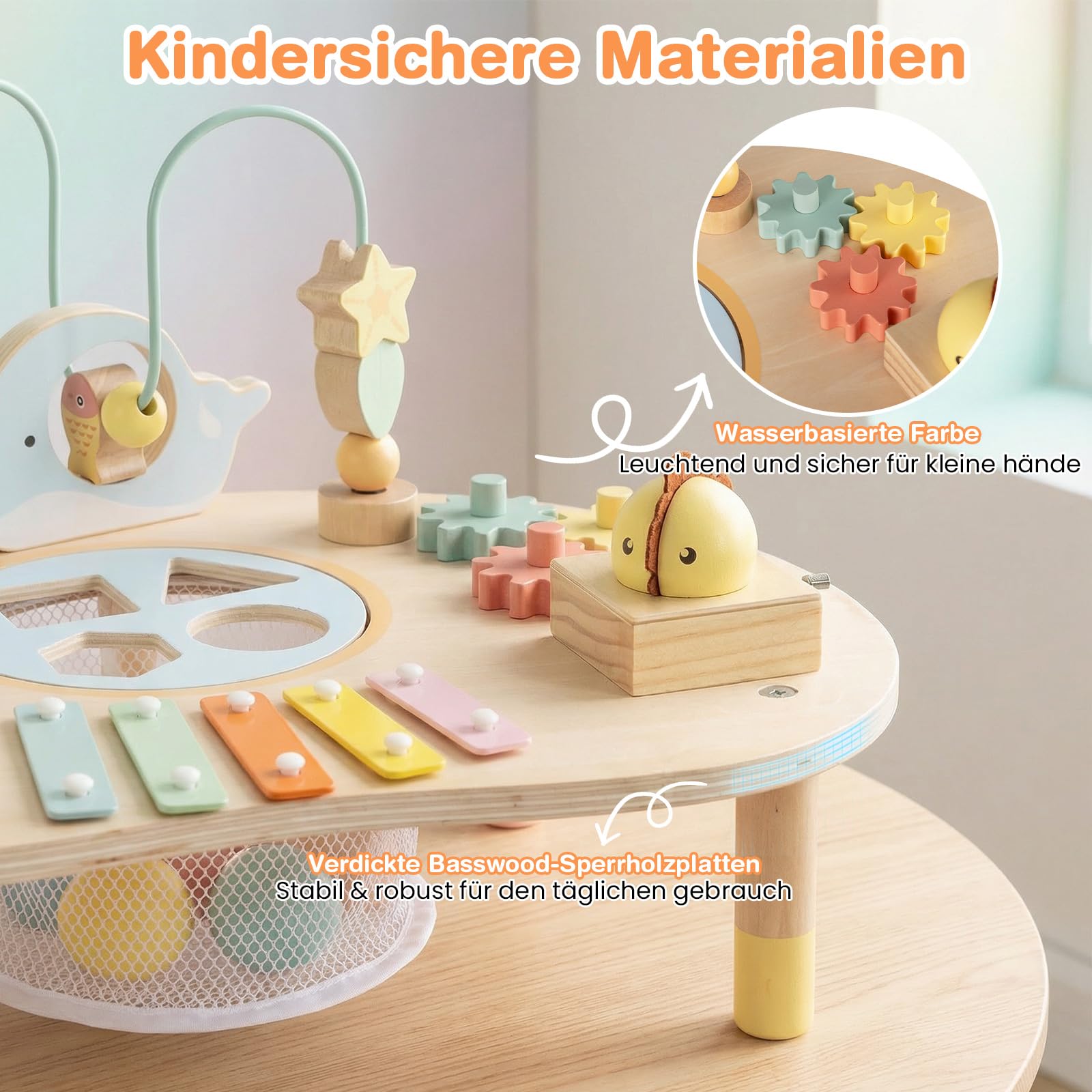 COSTWAY Aktivitätstisch Holz, Baby Montessori Spieltisch mit Motorikschleifen, Angelspiel, Xylophon, Spieluhr, Formensortierer, Motoriktisch Lernspielzeug für Kinder ab 1 Jahr