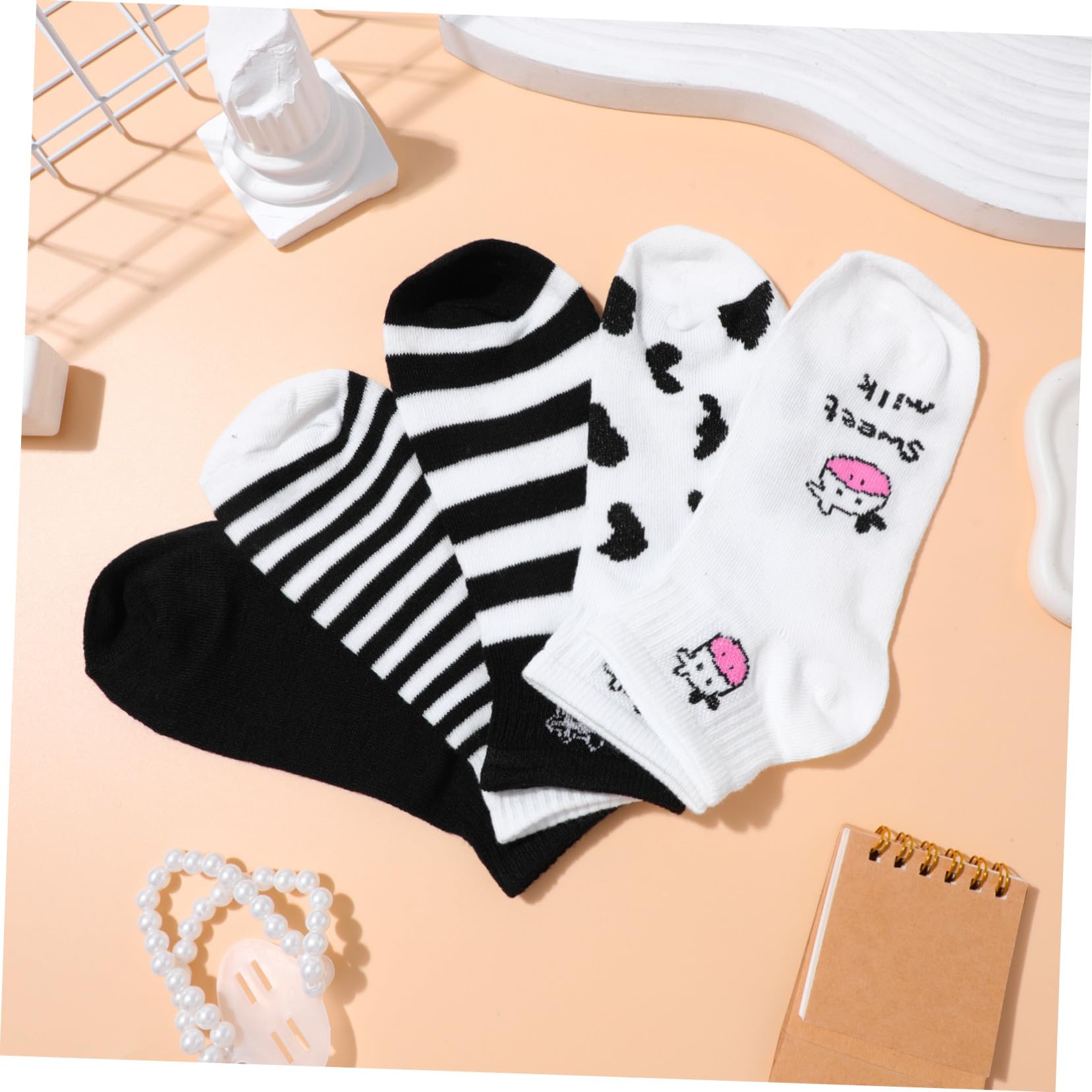 Ipetboom Calcetines de Vaca de Dibujos Animados para Niña, 5 Pares, Algodón | Calcetines Cortos, Negro y Blanco, Ajuste Cómodo y Transpirable, Decoracion Verano
