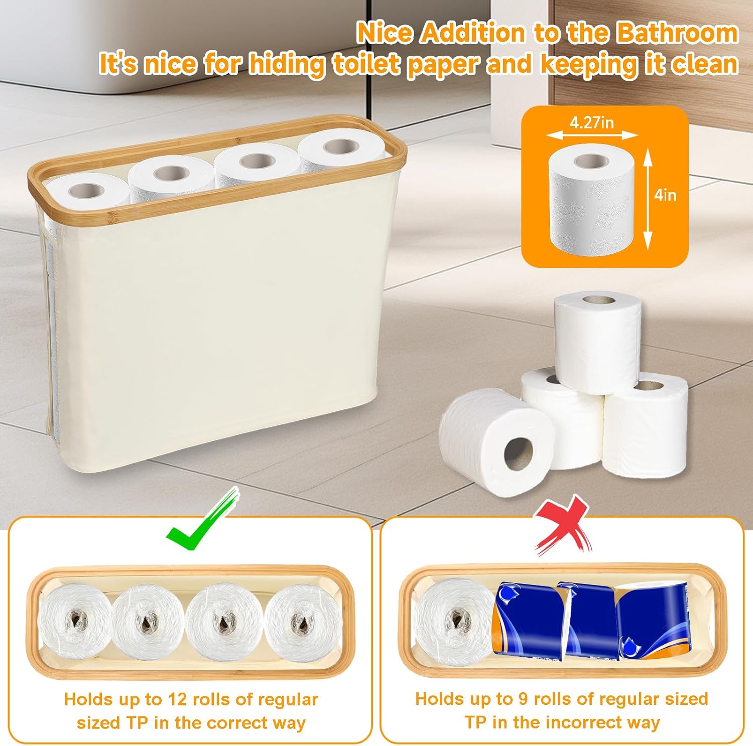 24 L Toilet Paper Storage Basket, Collapsible Bathroom Toilet Paper Holder Tall Slim Laundry Hamper with Lid Wood Toilet Roll Organizer for Bathroom Holds Up to 9-12 Rolls (Beige)
