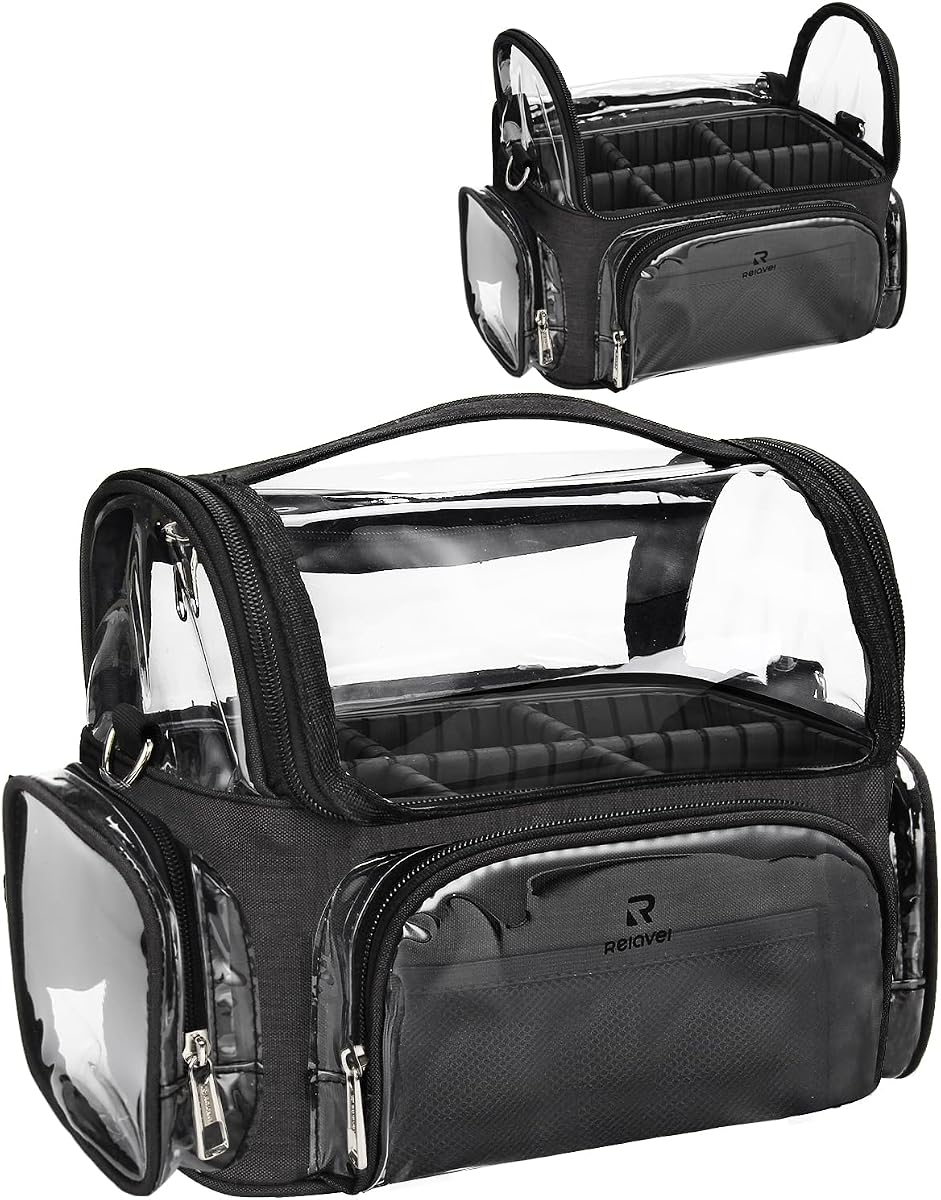 Makeup Brush Bag, Professional Makeup Brush Holder for Makeup Artist | Clear Waterproof Cosmetic Organizer Travel Case Bag, Full Open Easy to Access, with Adjustable Shoulder Strap and Dividers