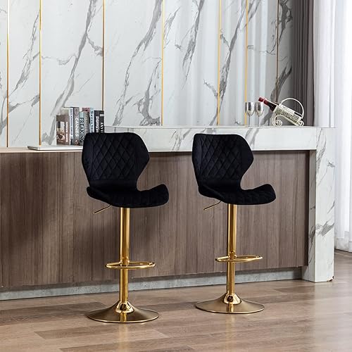 Miniatura 8 de Juego de 2 taburetes giratorios de bar ajustables con base dorada, terciopelo moderno para isla de cocina, comedor, bar en casa, negro, terciopelo