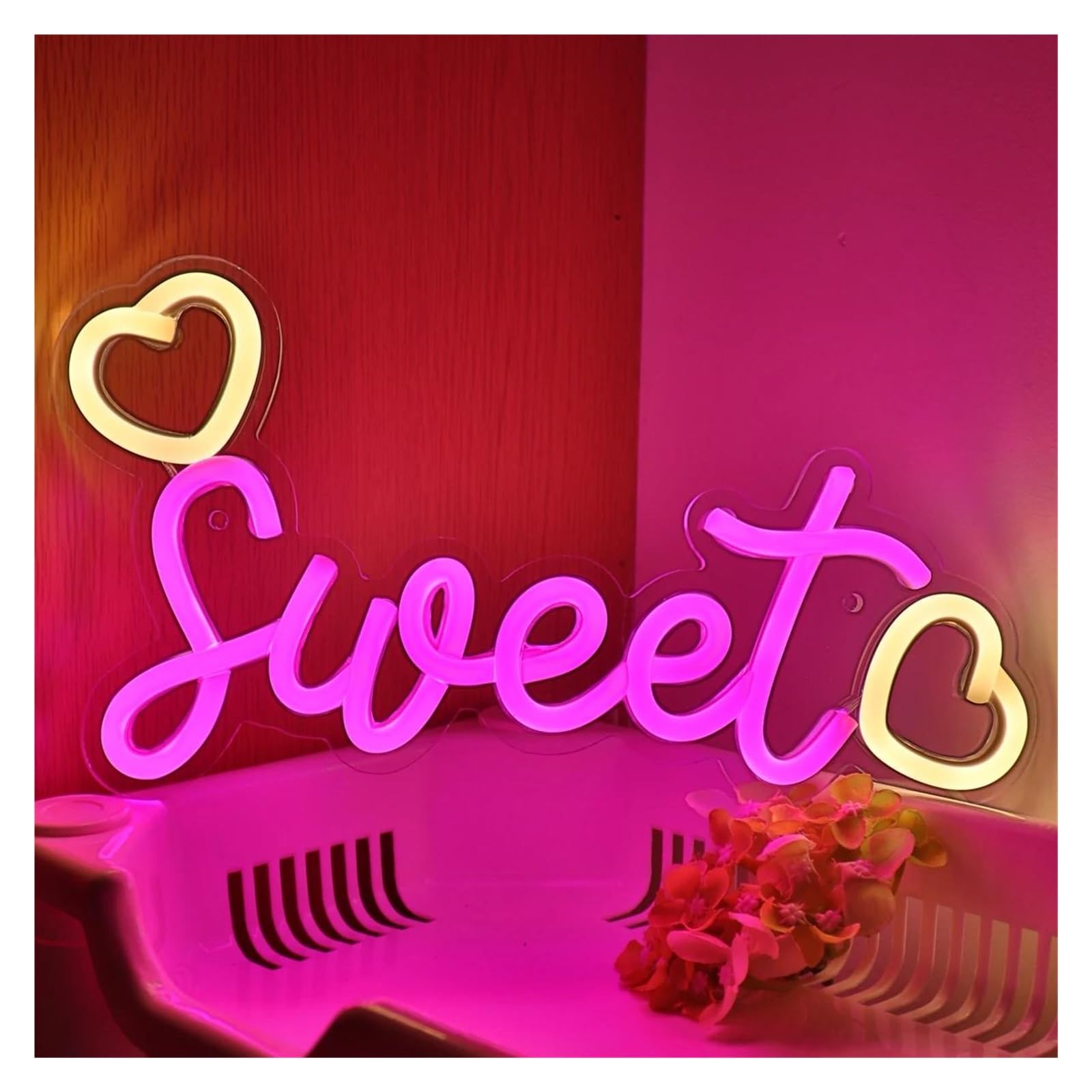 Decoración Lámparas Lindo Dulce Rosa Con Doble Corazón Luz De Letrero De Neón Para Sala De Fiesta Pub Club Galería Estudio Decoración De Pared 28.2cm×15cm