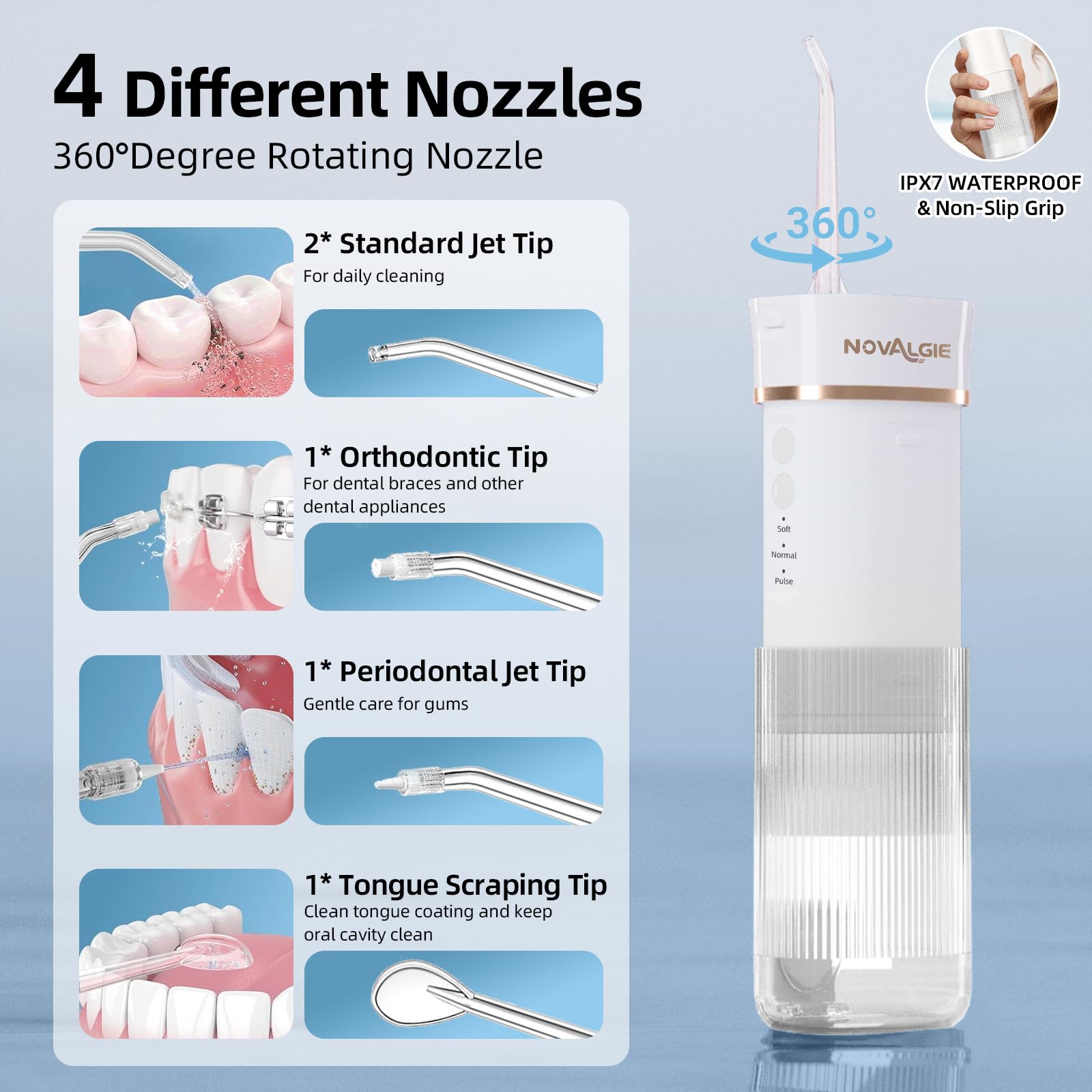 Irrigador bucal portátil de viaje: mini irrigador oral inalámbrico con tanque telescópico de 180 ml, 3 modos, 5 boquillas, limpiador de dientes impermeable IPX7 para aparatos ortopédicos