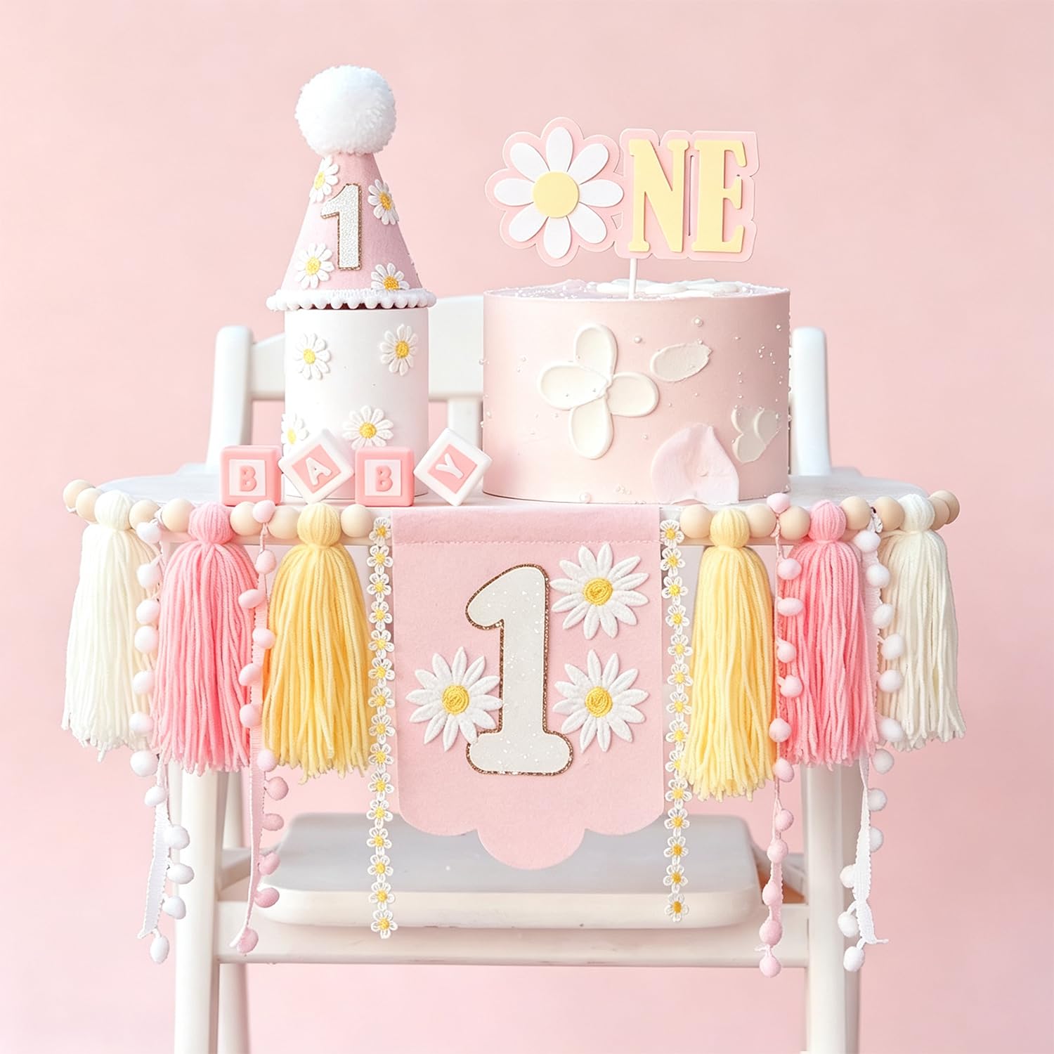 Pink Daisy Baby First Birthday Party Decorations Blue High Chair Banner Crown Flower Cake Topper First Birthday Party Decorations(Pink Daisy) — image 1