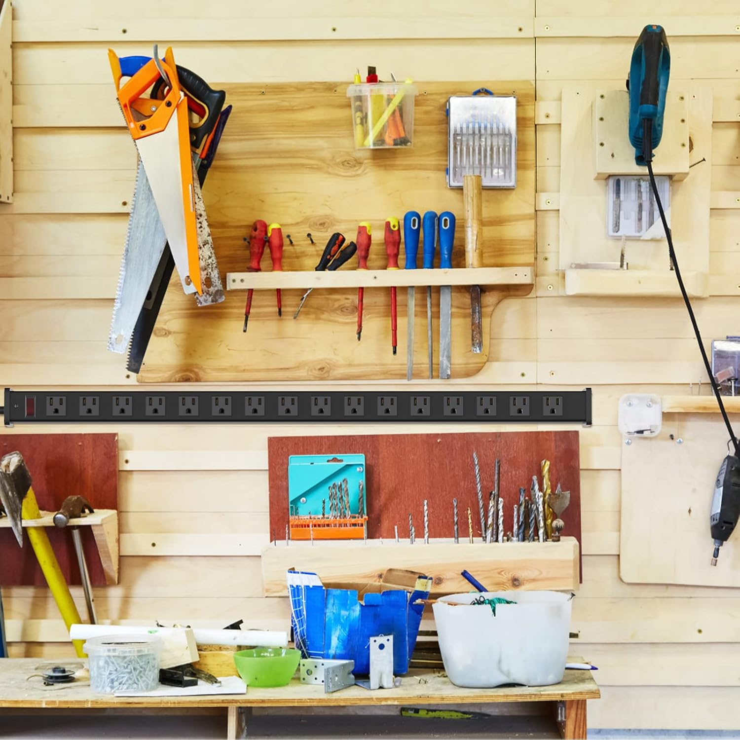 QBA 16 Outlet Metal Power Strip, Long Power Strip with 10FT Extension Cord, Wall Mount Heavy Duty Power Strip for Home Office Garage Warkshop, ETL Certified, Black