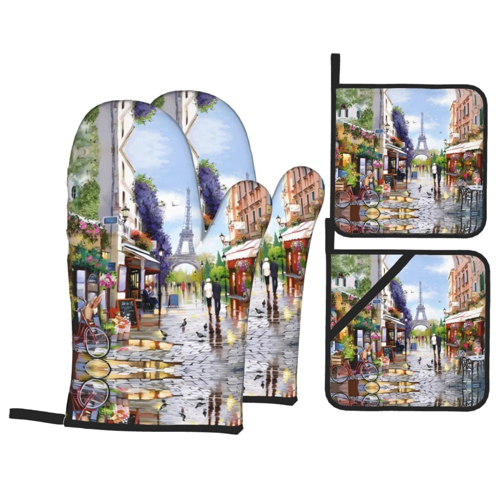YYHHAOFA Paris Street Scene Eiffel Tower Prints Kitchen Baking Set with Heat Resistant Pot Holders & Oven Mitts - Waterproof Layer for Hot Dishes, Grill & Microwave